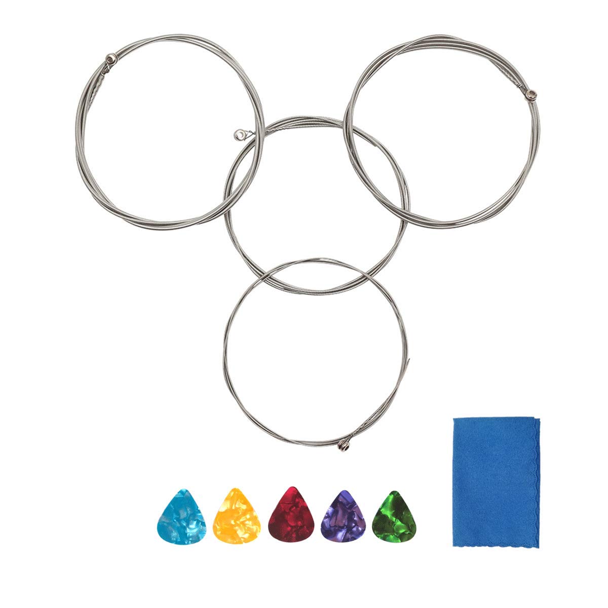 Premium Electric Bass Guitar Strings - Full Set Steel Core Nickel Alloy Wound, Nickel-Plated Ball-End (45-105 Gauge) with Blue Cleaning Cloth & 5 Guitar Picks - Perfect for Rock, Jazz & Studio Recording