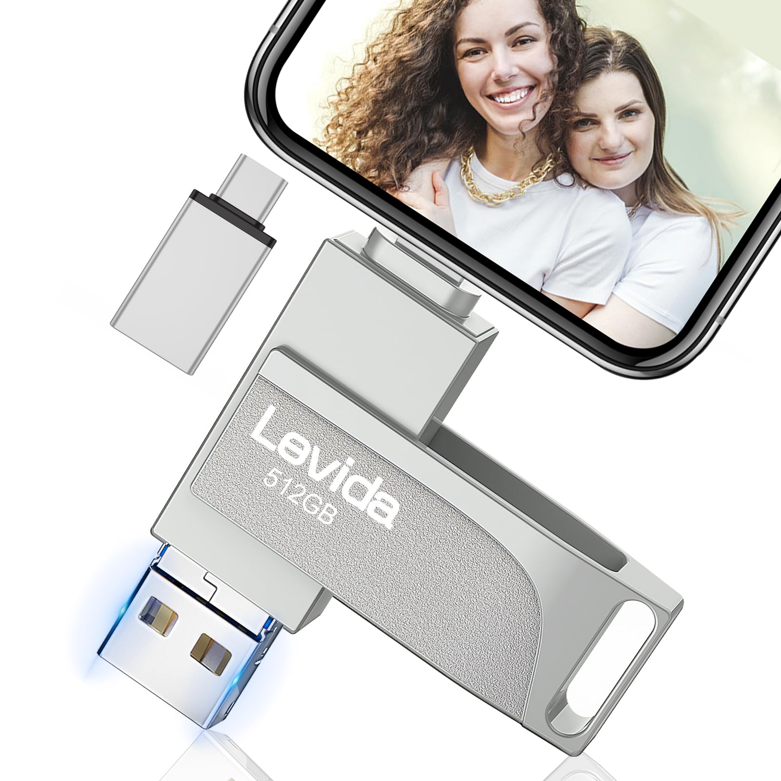 256GB USB Flash Drive 3.0 for iPhone Android PC - 4-in-1 Photo Stick with USB-C & Lightning Port - External Memory for Photos Videos Backup - Automatic Backup for Smartphones Tablets Computers (Silver) - Perfect for Travel, Work & Data Storage