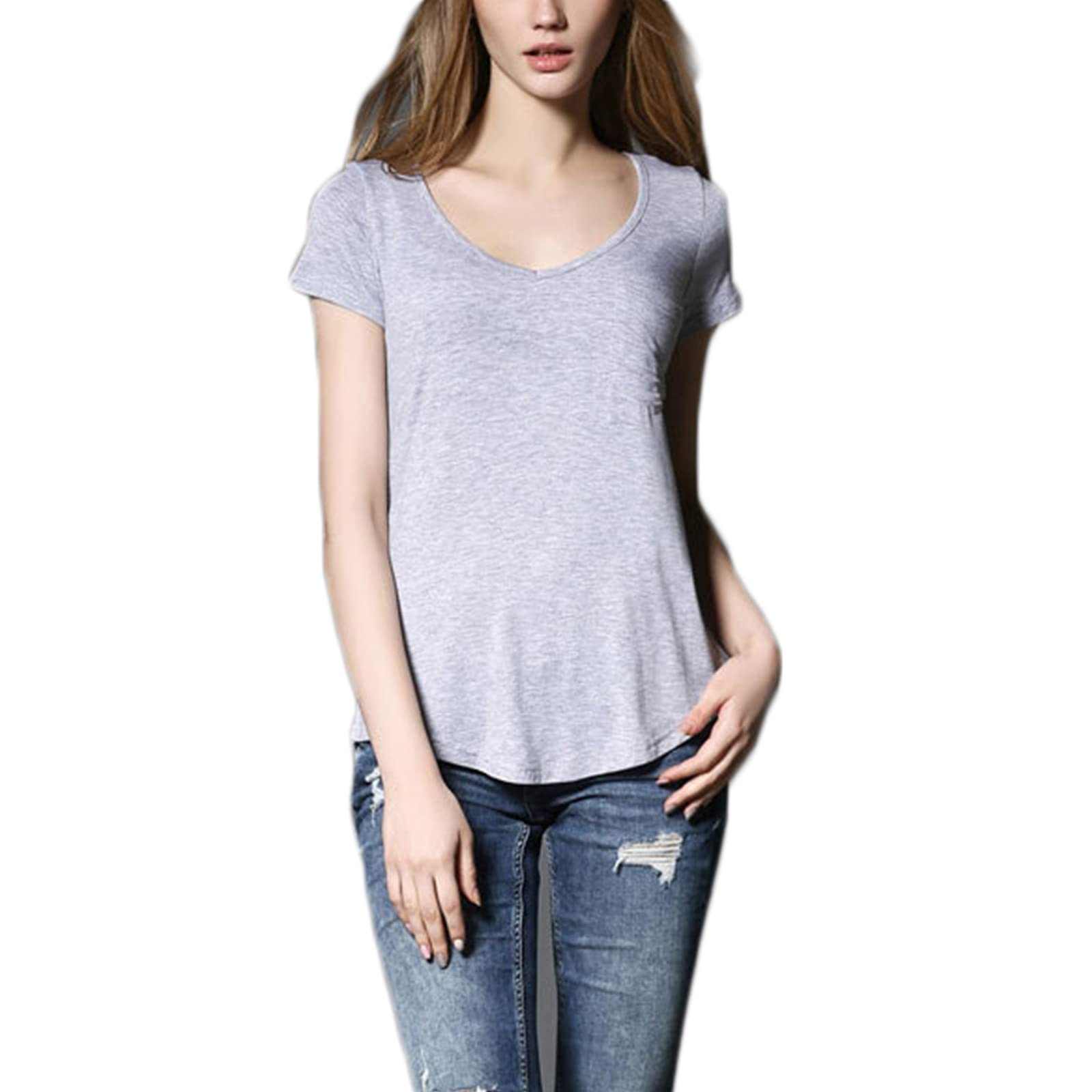 Daesar Women's Short Sleeve V-Neck Modal T-Shirt - Soft Loose Fit Casual Plain Grey Tee for Everyday Wear, Workout & Lounge