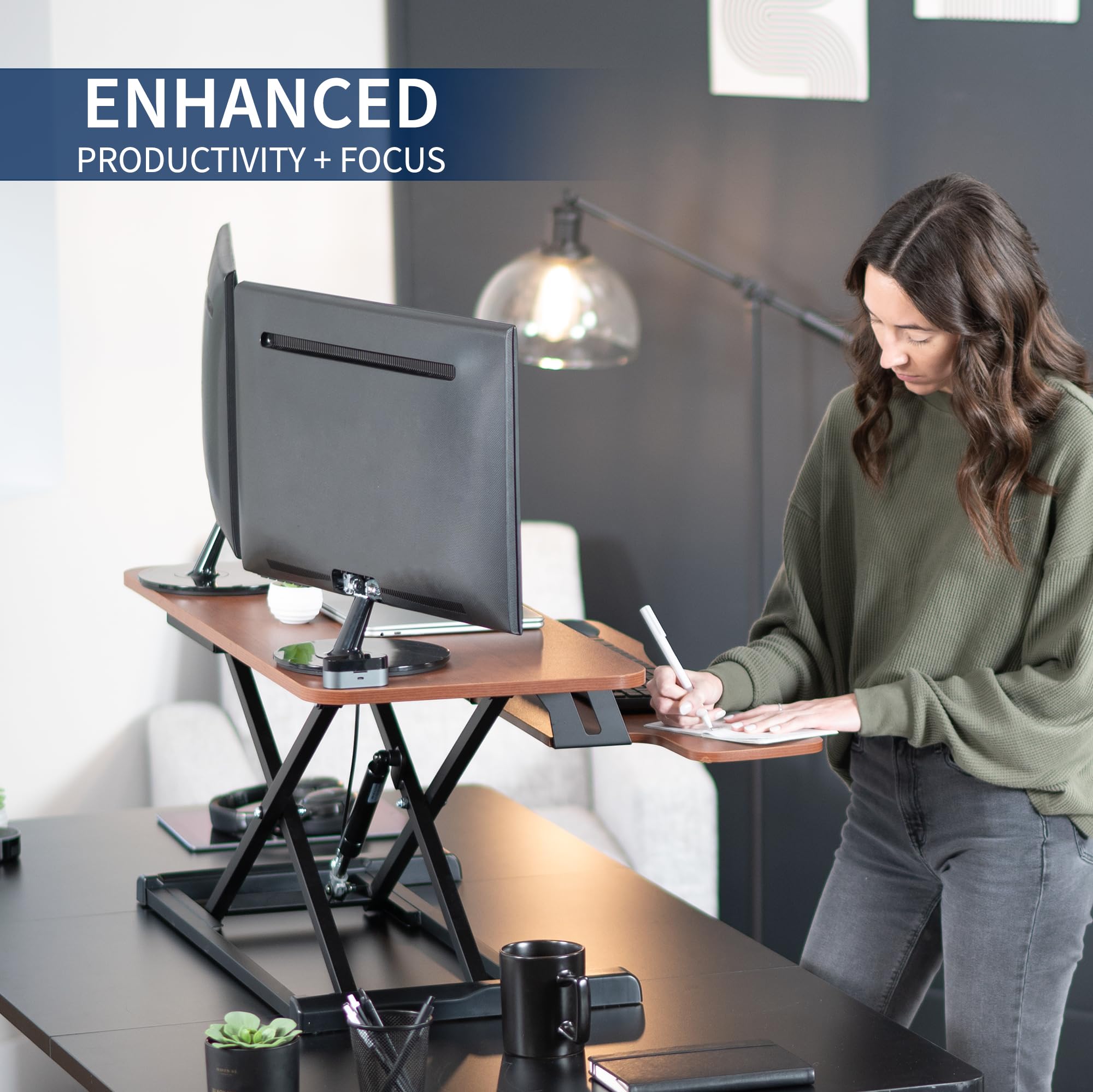 VIVO 36 Inch Height Adjustable Standing Desk Converter - K Series Sit to Stand Riser with Wide Keyboard Tray for Dual Monitor & Laptop Workstation (Dark Walnut Top, Black Frame) - Perfect for Home Office, Gaming Setup & Ergonomic Workspace | Model DESK-V036KA