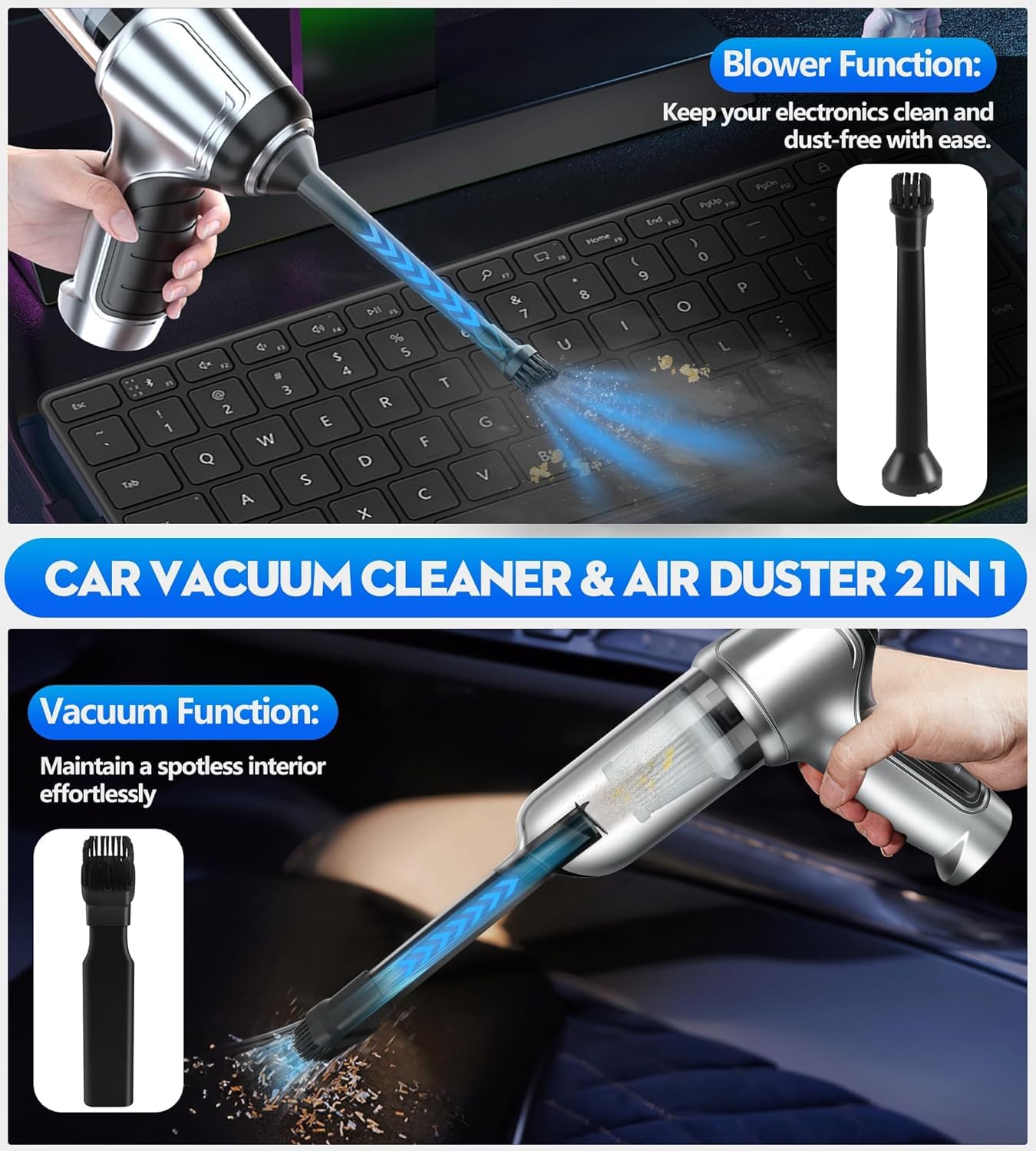 Wireless Handheld Vacuum Cleaner for Car & Home - 15000PA Strong Suction, USB-C Rechargeable, 3-in-1 Multifunctional with Brushless Motor | Perfect for Keyboard Cleaning, Car Detailing, Sofa & Pet Hair Removal
