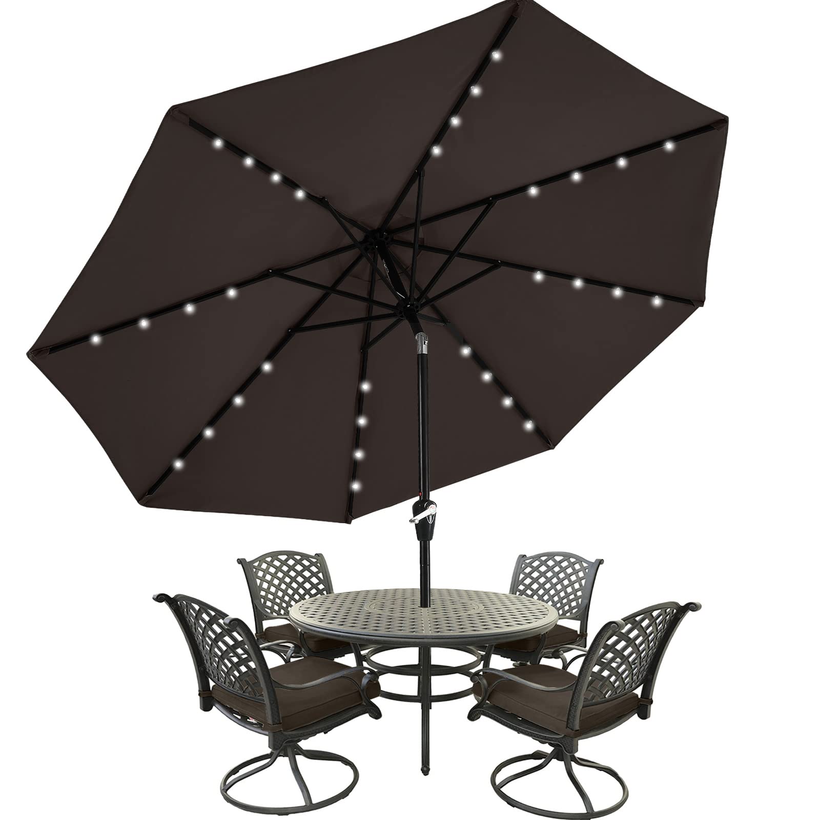 MASTERCANOPY 11ft Brown Patio Umbrella with 32 Solar LED Lights - 8 Ribs Outdoor Canopy for Garden, Poolside, Backyard & Deck Relaxation