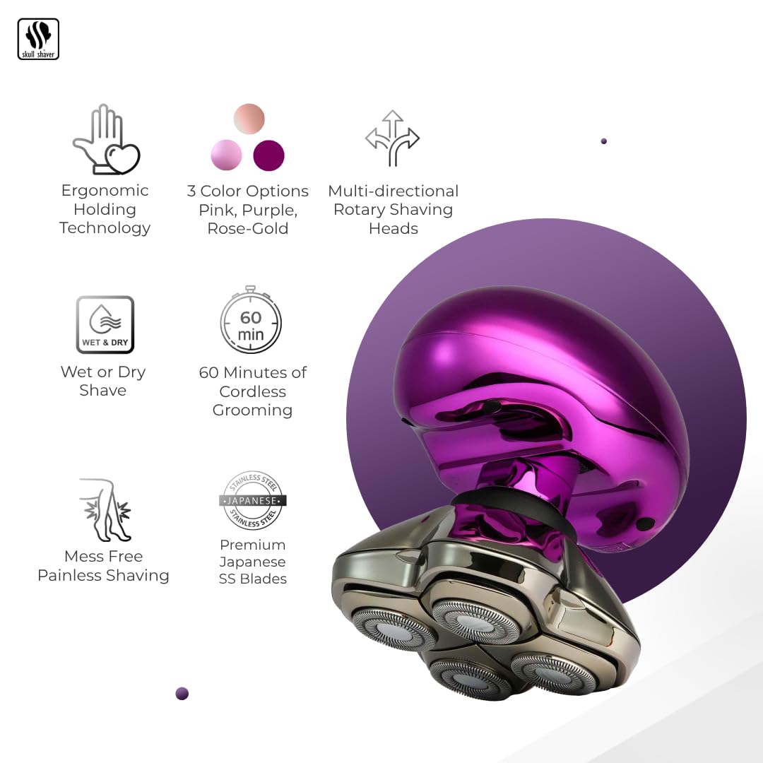 Skull Shaver Butterfly Kiss Pro & Butterfly Platinum Rinse Stand - Purple Electric Razor for Men | Perfect Gift for Dad, Husband, Boyfriend | Home & Travel Shaving Kit