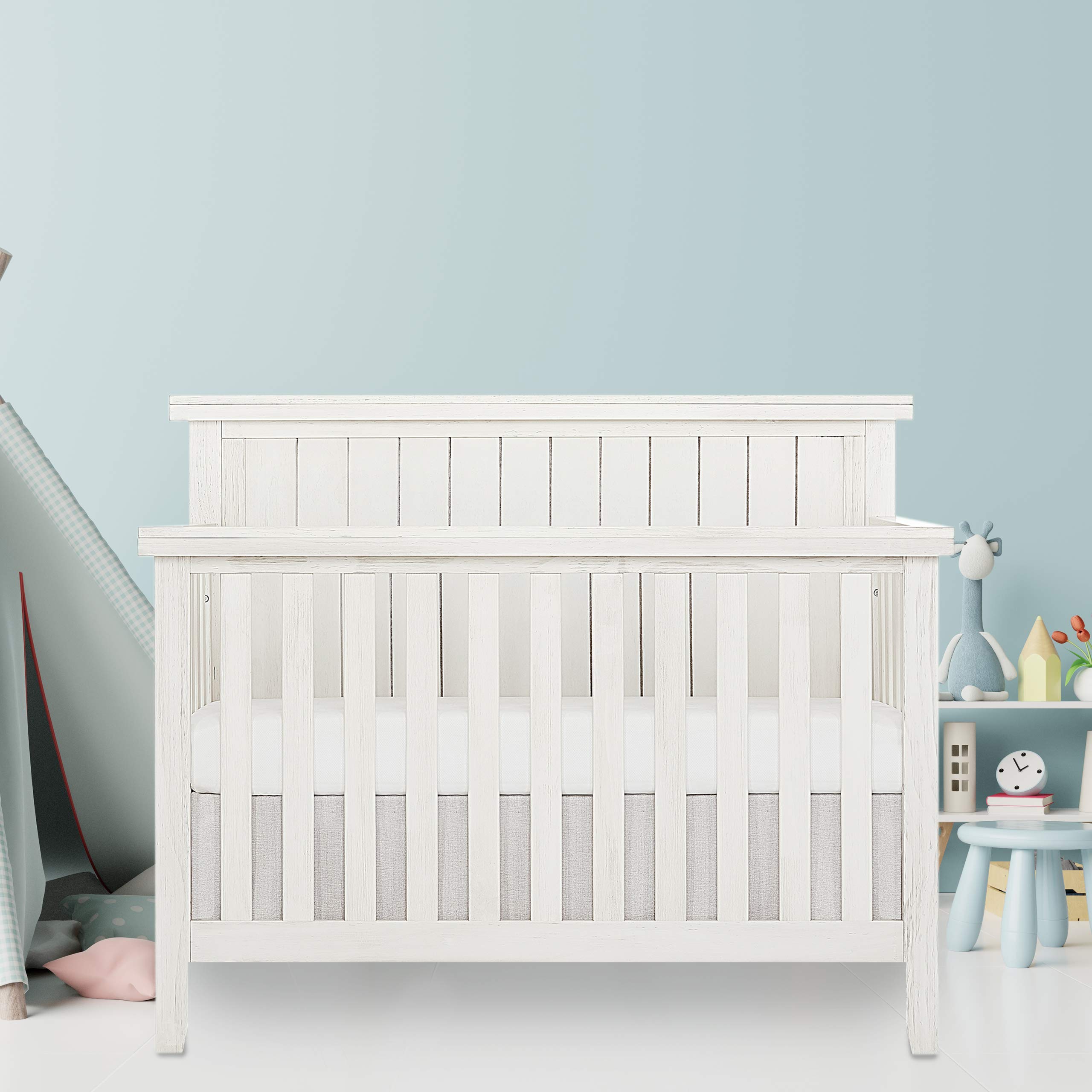 Sweetpea Baby Red Wood 4-in-1 Convertible Crib in Weathered White - Greenguard Gold Certified Safe Nursery Furniture for Newborn to Toddler | Perfect for Modern Nursery, Bedroom & Daycare