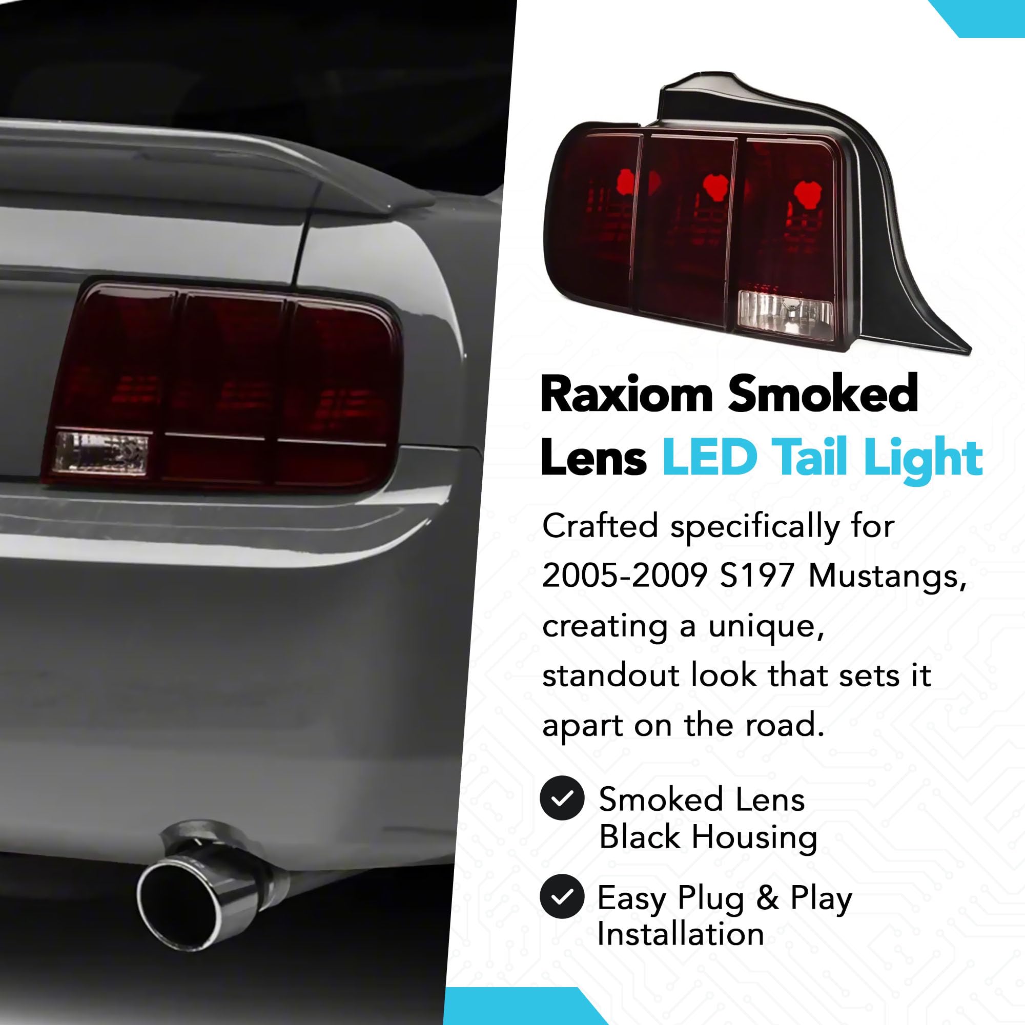 Raxiom Smoked Tail Lights Set Assembly for Ford Mustang 2005-2009 - Iconic Styling, Easy Installation | Upgrade Your Mustang's Rear Look for Night Driving & Car Shows