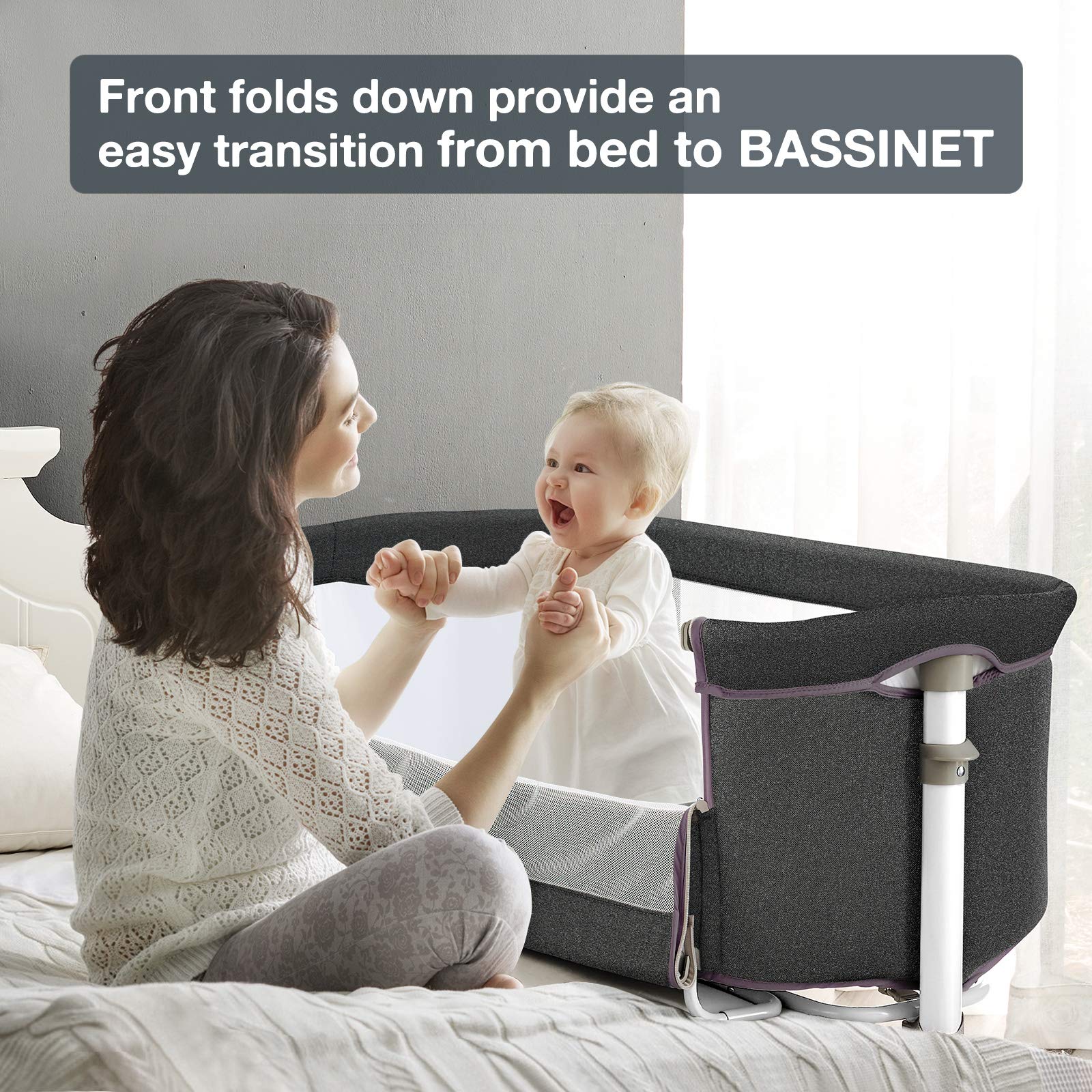 RONBEI Baby Bassinet Bedside Sleeper - Portable & Easy to Assemble Crib for Newborns & Infants, Dark Grey - Perfect for Nursery, Bedroom & Travel Use
