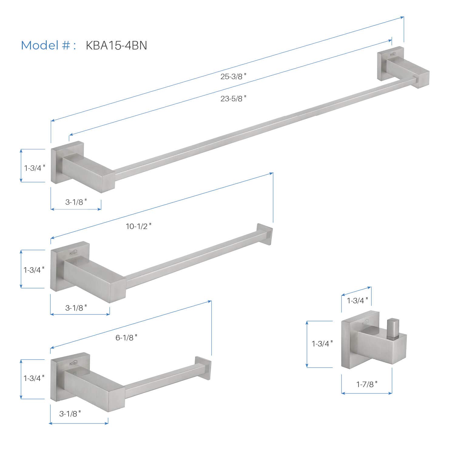KIBI 4-Piece Bathroom Hardware Set - Solid Brass Towel Bar, Towel Ring, Toilet Paper Holder & Robe Hooks - Brushed Nickel Finish (C-KBA15-4) | Modern Bathroom Accessories for Home & Hotel Decor | Perfect for Powder Rooms, Master Baths & Spa-Style Retreats