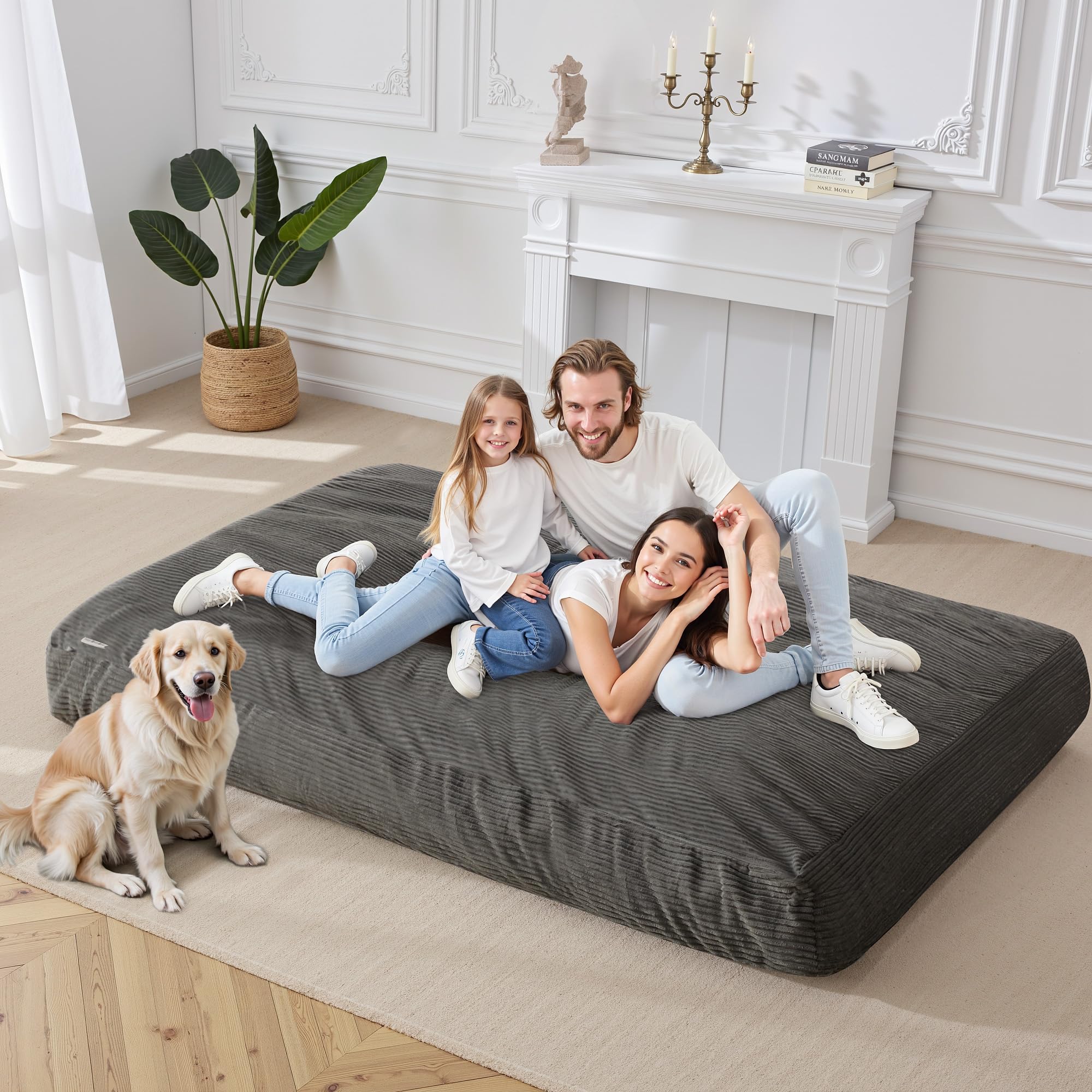 Ultra Soft HABUTWAY Giant Bean Bag Chair with Washable Corduroy Cover - Convertible from Chair to Mattress - Large Cordoroys Bean Bags for Adults, Couples & Family - Perfect for Living Rooms, Game Rooms & Dorm Lounges (Grey Full)