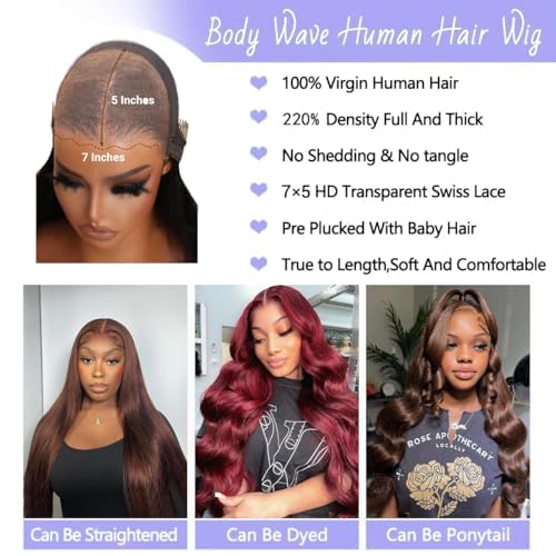 7x5 Glueless Human Hair Wigs - 24 Inch Pre Plucked Body Wave Lace Front Wig | 220% Density Chocolate Brown | No Glue Needed | Instant Wear | Perfect for Daily Use, Parties & Special Occasions
