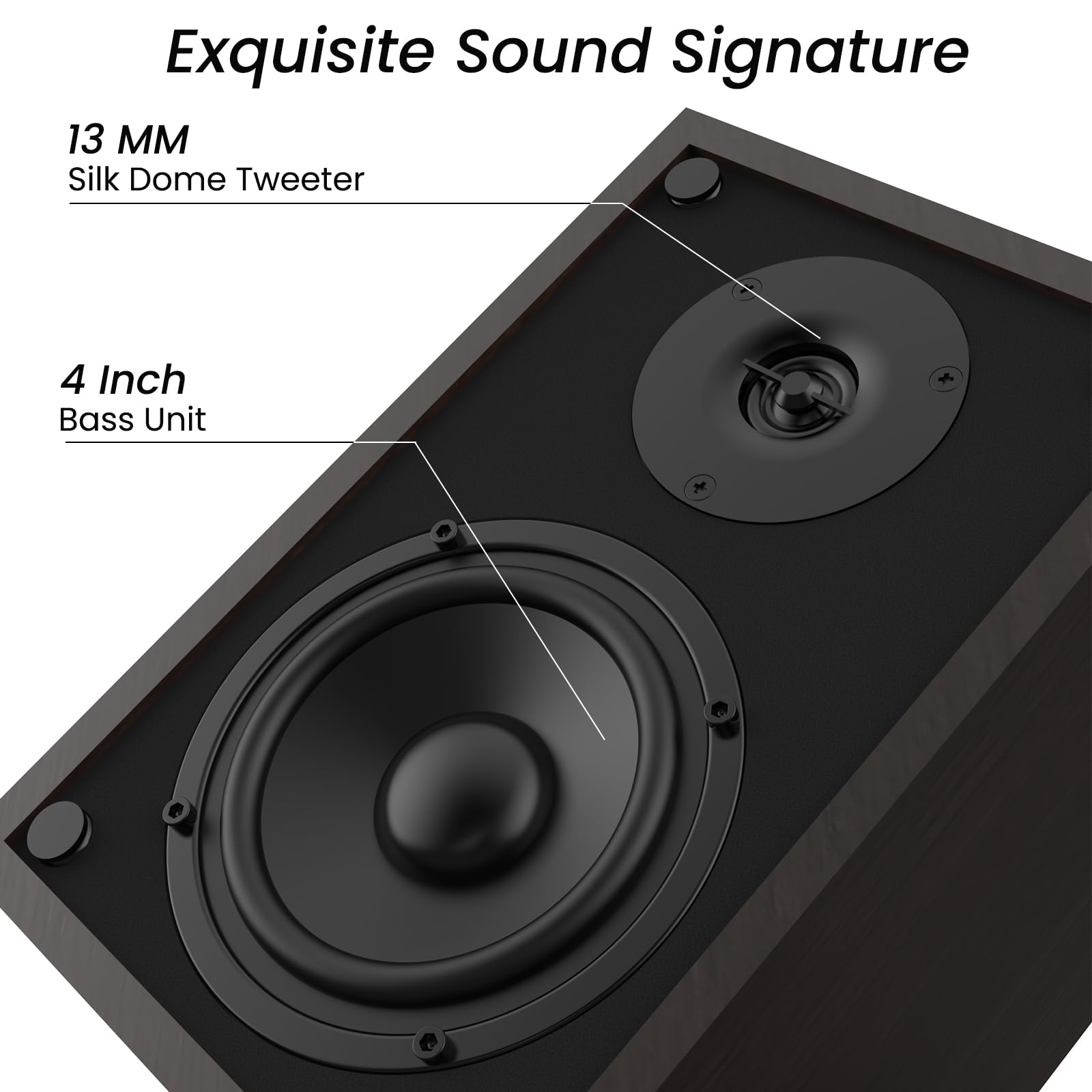 BESTISAN Bookshelf Speakers - Powered Bluetooth Speakers with 4 Inch Woofer, RCA Input, Sub Output, Wood Grain Design - Perfect for Home Theater, Gaming, and Music Listening