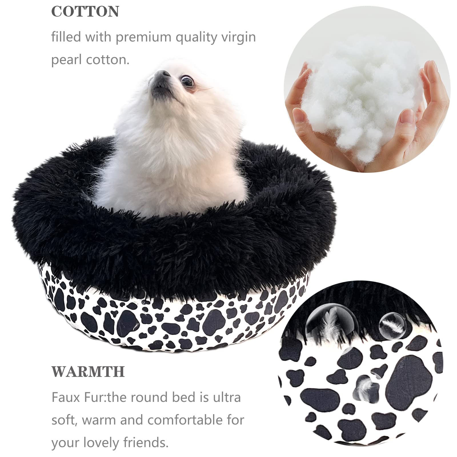 Washable 19 Inch Cow Print Dog Bed for Small Dogs - Soft Plush Calming Pet Bed with Anti-Anxiety Design, Durable & Modern - Perfect for Puppies, Crates, and Home Decor