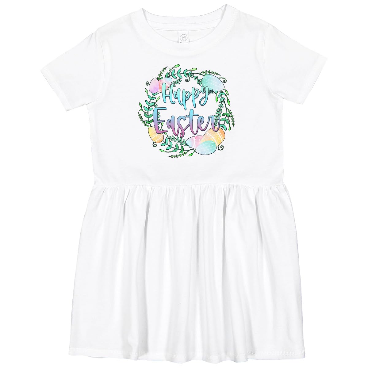Inktastic Happy Easter Pastel Egg Wreath with Laurels Toddler Dress - Cute Spring Outfit for Girls, Easter Sunday Church & Family Photos, Baby Shower Gift