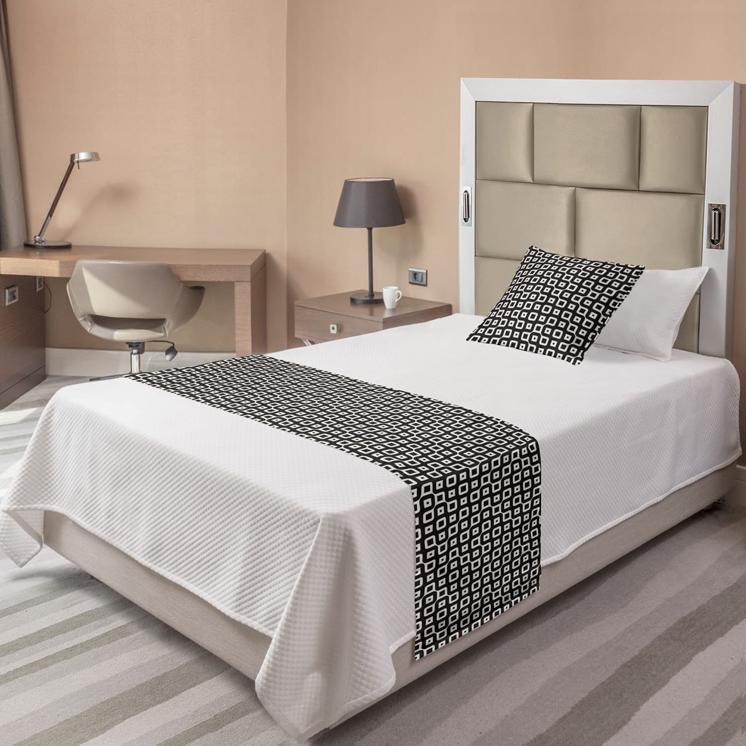 Ambesonne Abstract Geometric Bed Runner Set with Pillow Sham - Retro Irregular Connected Squares Design, Decorative Bedding Scarf for Twin Bed - Charcoal Grey & Eggshell - Perfect for Hotel Rooms, Home Decor and Bedroom Styling