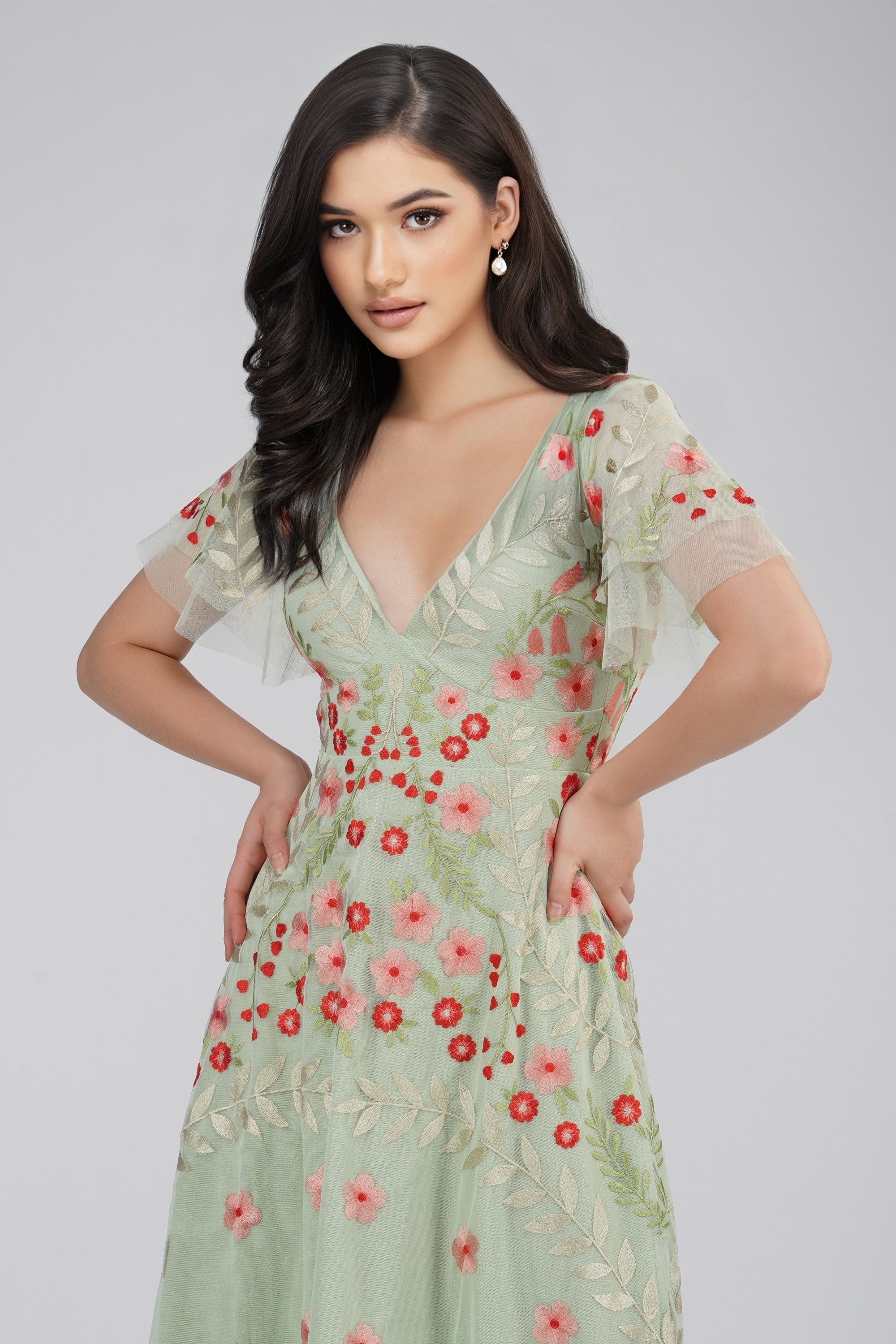 Elegant Calla Sage Green Embroidered Floral Dress for Women | Summer Wedding Guest Dress & Garden Party Outfit