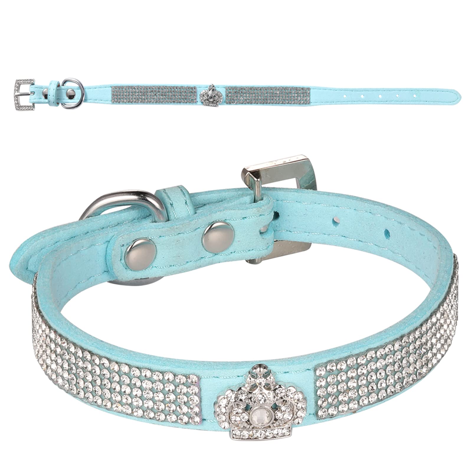 Luxury Sparkly Silver Buckle Rhinestone Crown Velvet Leather Pet Collar - Adjustable Dog Collar & Cat Collar with Bling Diamond Decor (Small, Blue) | Perfect for Small Dogs, Medium Cats & Puppies - Great for Daily Walks, Grooming & Special Occasions