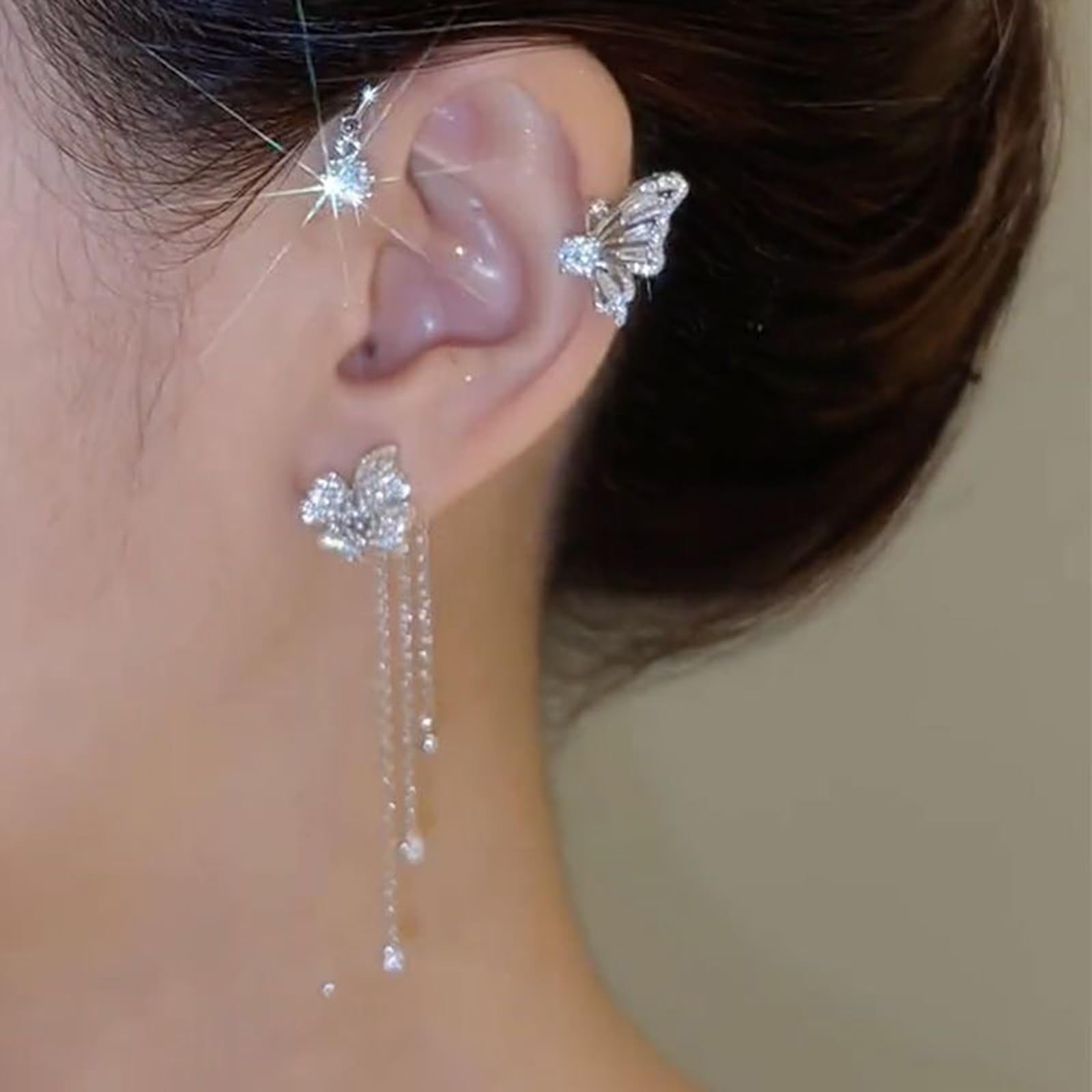 Vintage Butterfly Tassel Zircon Earrings for Women - Non-Piercing Fake Earrings, Flower Climber Wrap Around Ear Cuff - Elegant Fashion Jewelry for Parties, Weddings & Date Nights