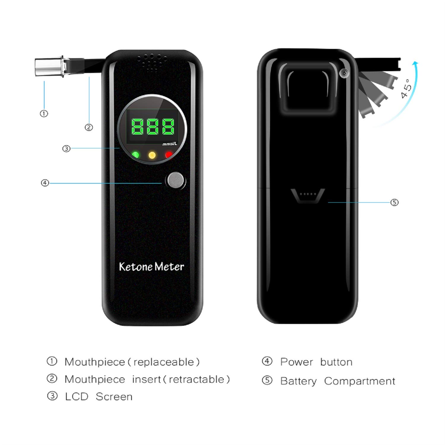 Ketosis Breath Analyzer - Digital LCD Keto Breathalyzer with 10 Mouthpieces for Ketone Testing, Accurate Ketone Level Monitor - Perfect for Keto Diet, Weight Loss & Fitness Tracking (Black)