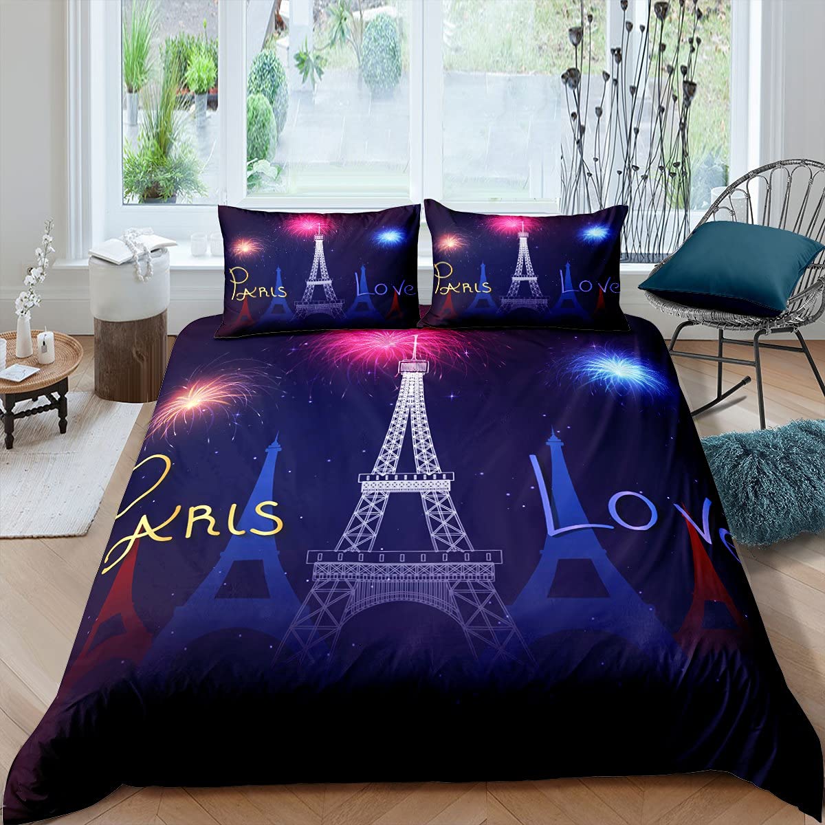 Feelyou Paris Themed Eiffel Tower Bedding Set - Twin Size Duvet Cover with Zipper Closure, Chic Cityscape & Fireworks Design for Kids' Room Decor - Perfect for Boys & Girls Bedrooms (2-Piece Set)