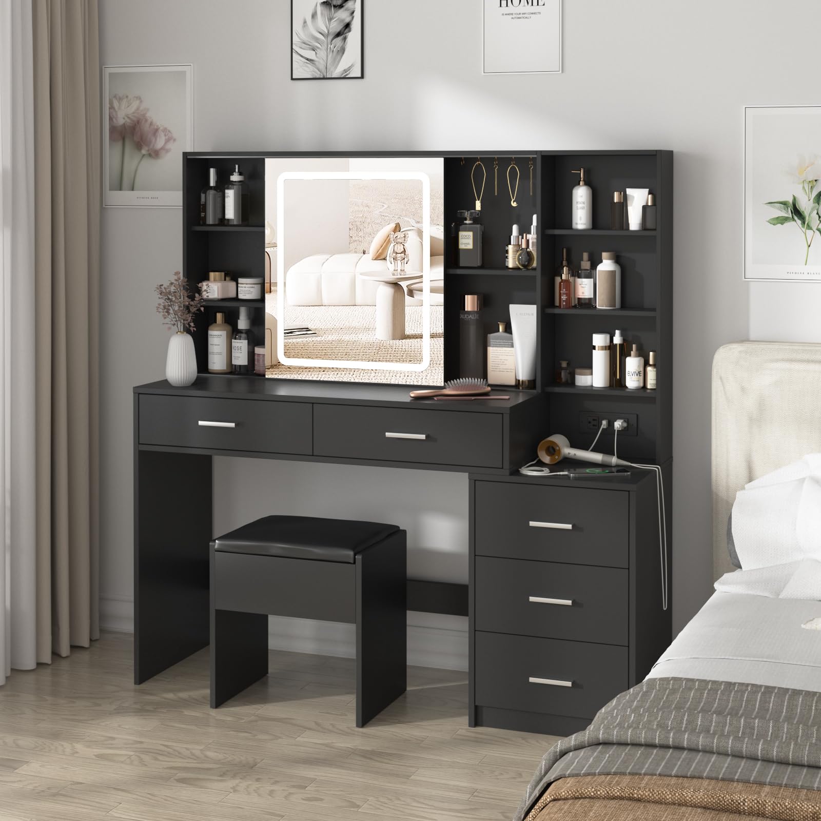 Fameill Makeup Vanity Desk with Sliding Mirror & 3-Color LED Lights, Vanity Table Set with Chair, 5 Drawers & Hooks, USB Charging Station - Perfect for Bedroom, Dressing Room & Beauty Salon (Black)