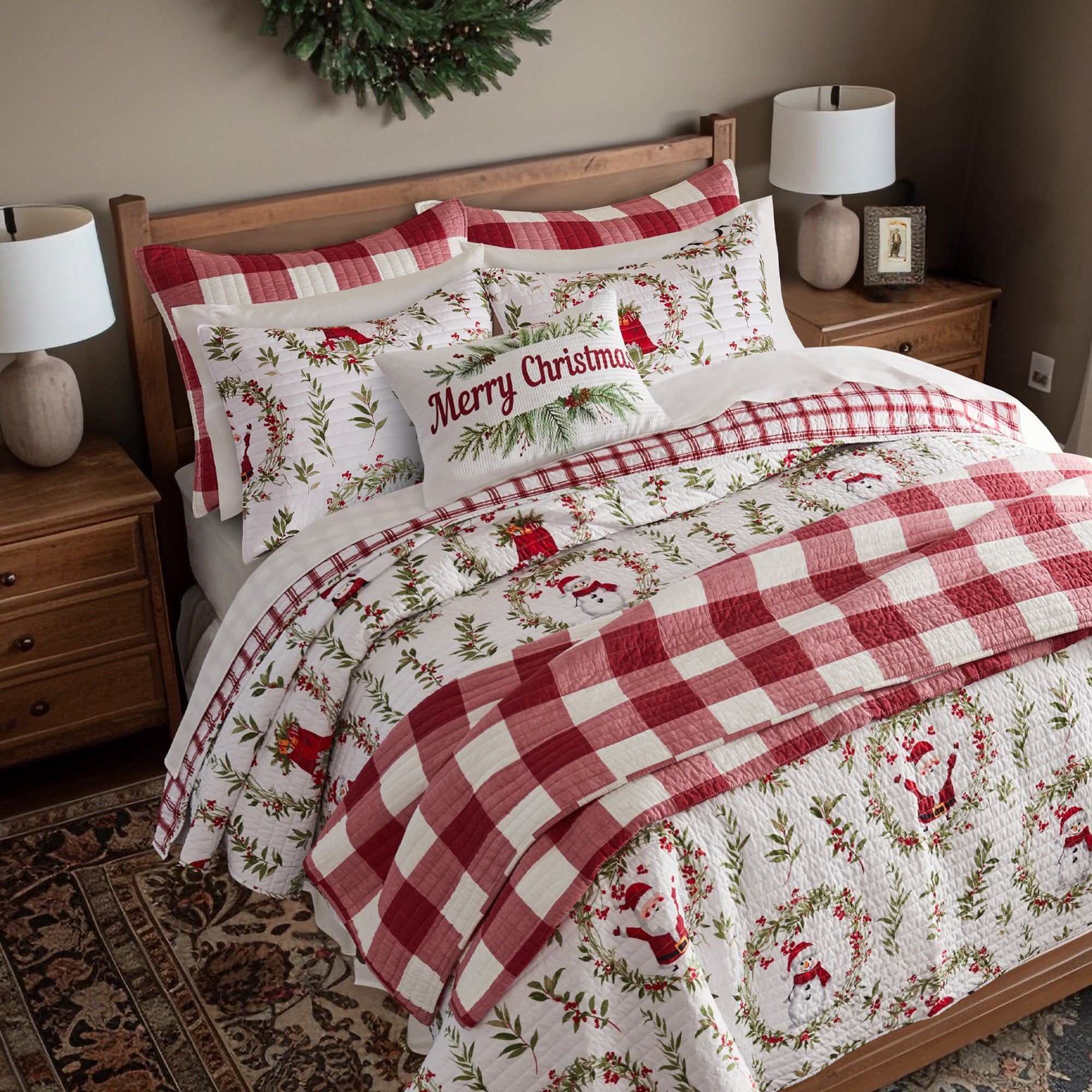 Cozy Pine & Plaid Quilt Set - Queen Size Bedding with Matching Pillow Shams - Soft Warm Winter Comforter for Cabin, Lodge & Farmhouse Decor