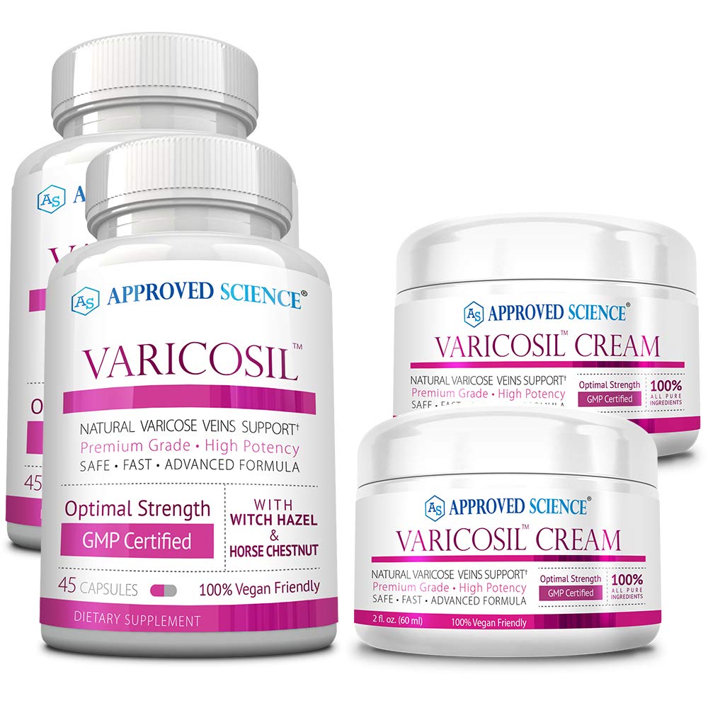 **Approved Science Varicosil Capsules and Cream - 90 Capsules & 4 fl oz - Natural Varicose Vein Relief, Circulation Booster, Vein Tightening, Skin Lightening - Vegan, Non-GMO - Perfect for Leg Pain Relief & Daily Vascular Support**