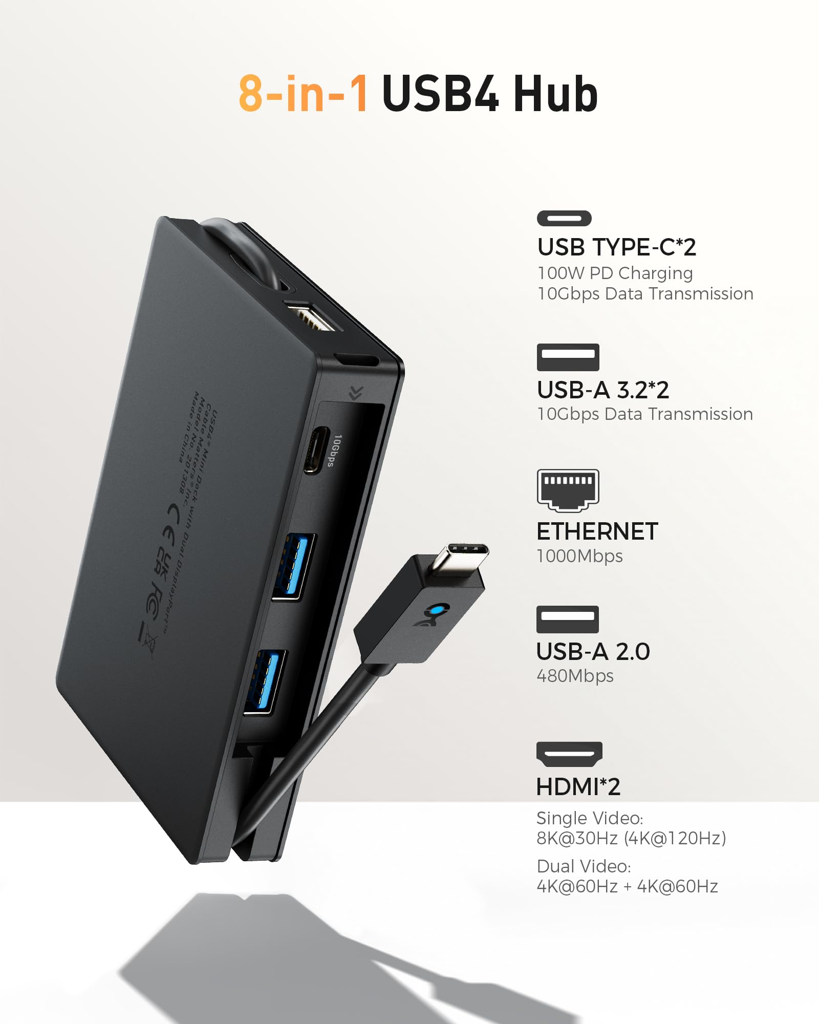 Cable Matters 8-in-1 USB4 Hub with Dual HDMI 4K@60Hz & Single HDMI 8K@30Hz | 40Gbps Thunderbolt 4 Dock | 100W PD Charging | Gigabit Ethernet | Compatible with MacBook Pro, XPS, Surface Pro, iPad Pro | Perfect for Home Office & Gaming Setup