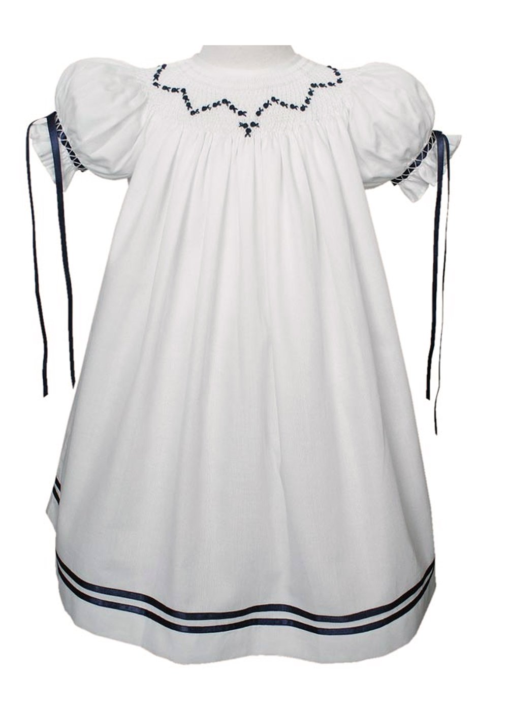 Easter White Bishop Dress for Girls with Navy Ribbons - Perfect for Church, Spring Celebrations & Family Photos