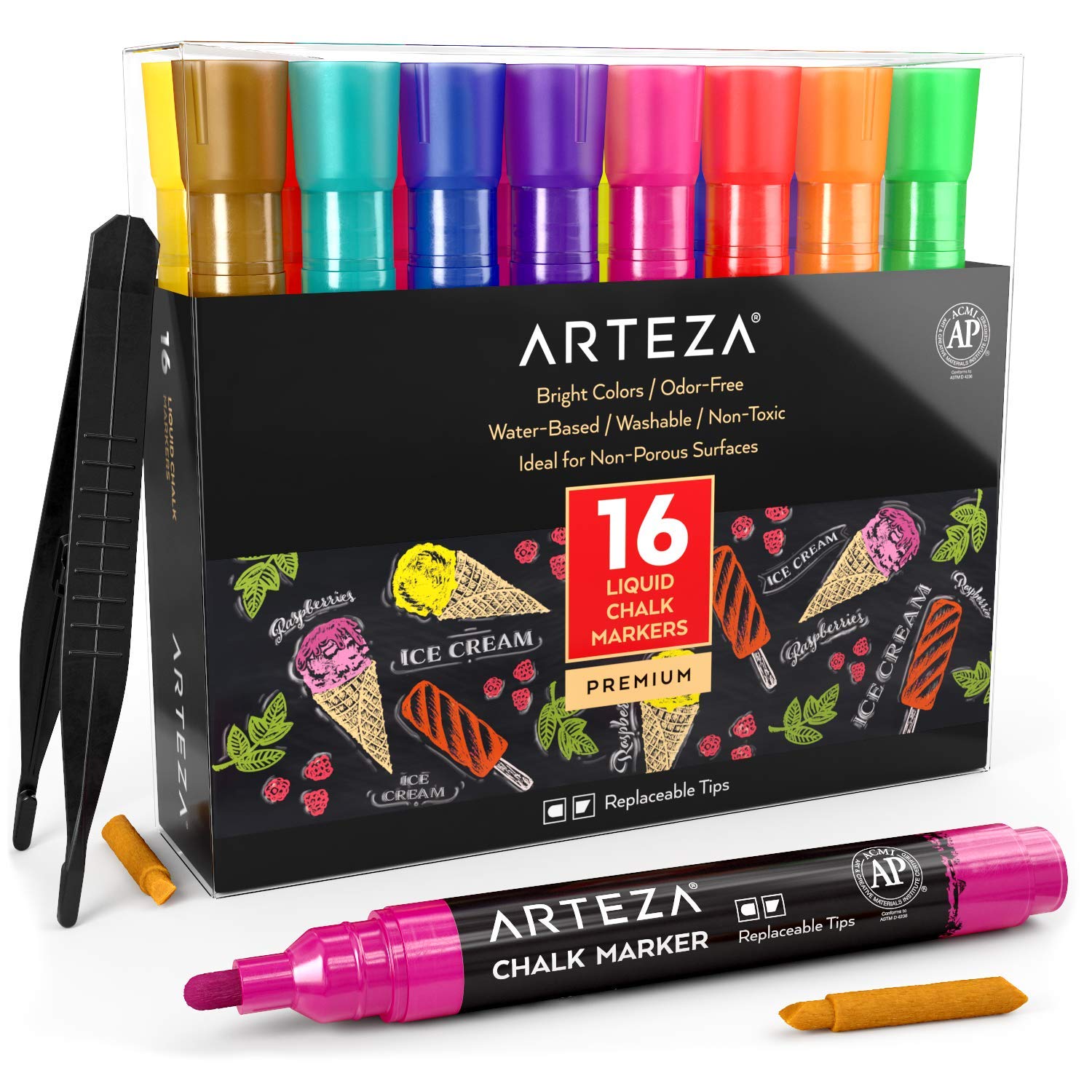 ARTEZA 16-Color Liquid Chalk Markers Set - Vibrant Fine Tip Chalkboard Pens for Blackboard, Whiteboard, Glass & Mirrors - Perfect for Office, Classroom, Restaurants & DIY Home Decor Projects