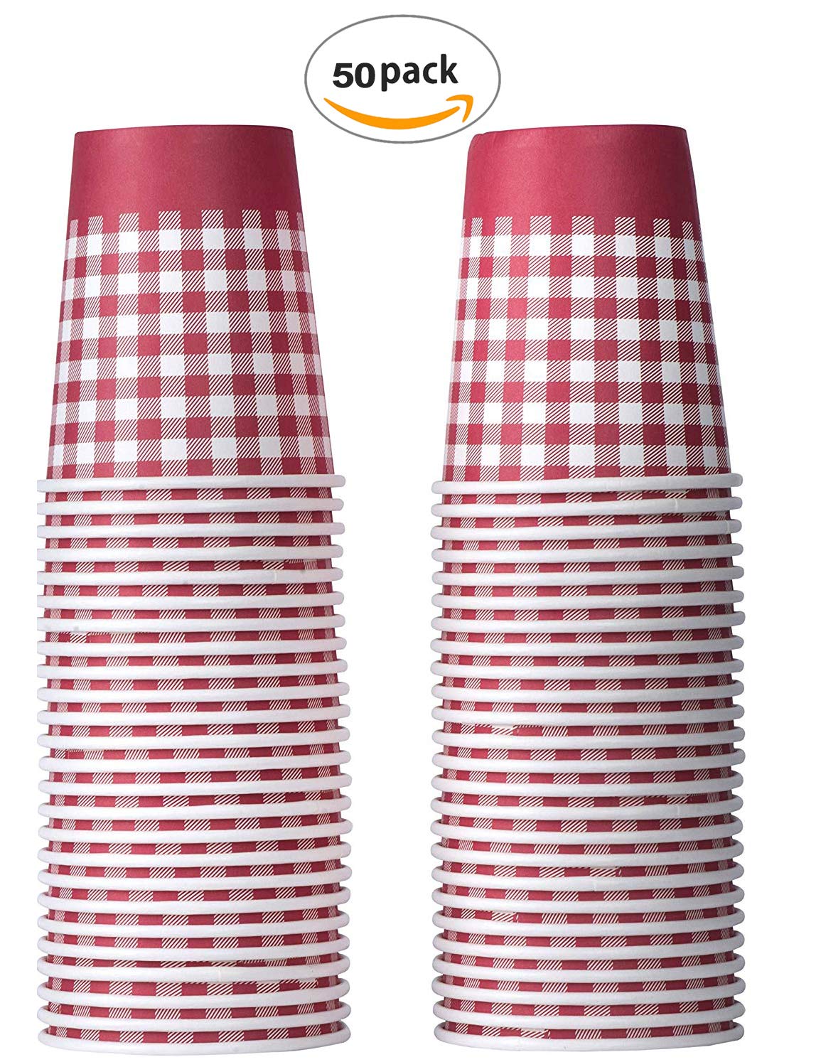 Hammont 9 oz Disposable Picnic Cups - Red & White Checkered Gingham Paper Cups for BBQ, Birthday Party, Backyard Gathering & Outdoor Events (50 Pack) - Perfect for Summer Picnics, Camping Trips and Family Reunions