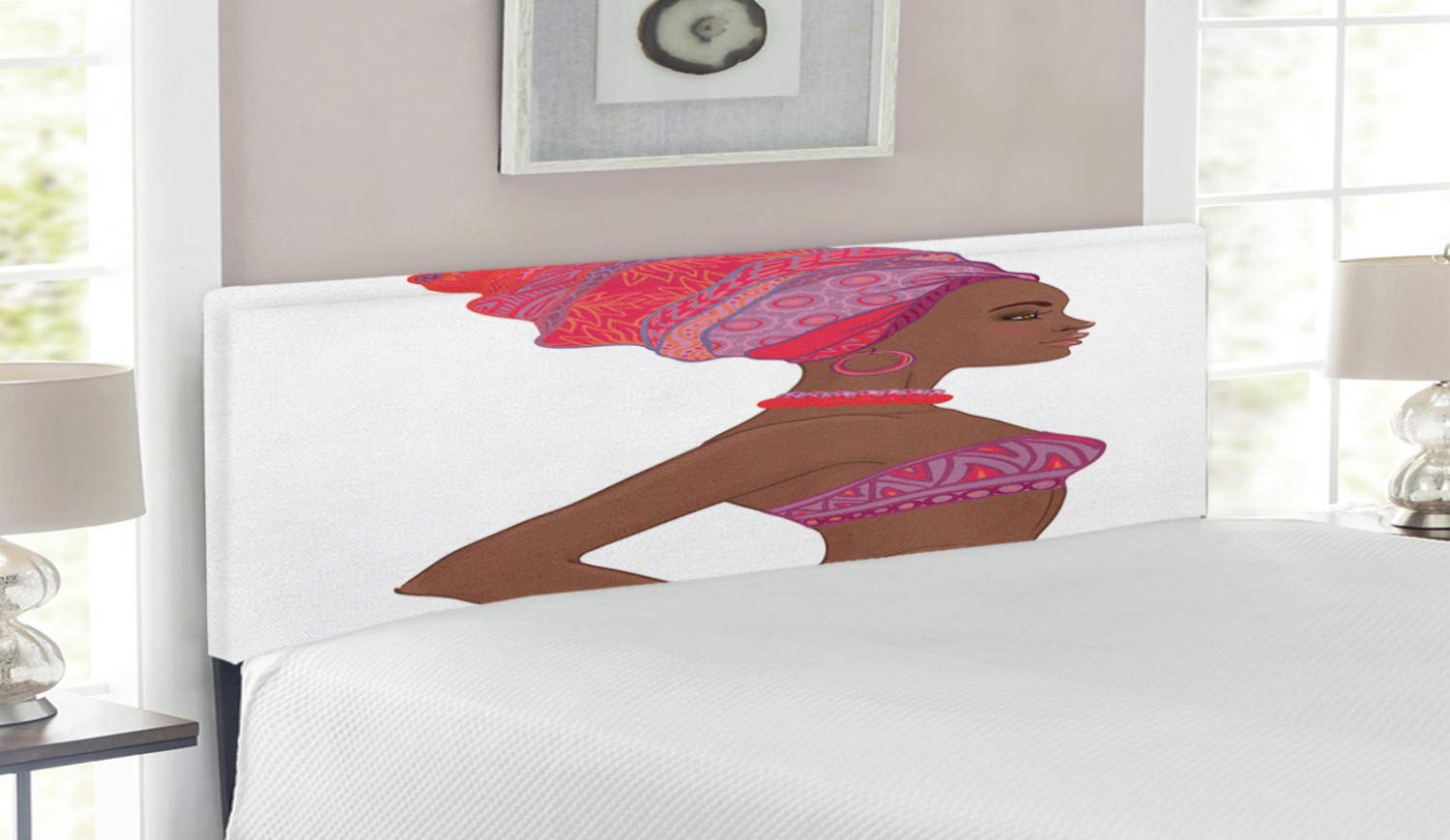 Ambesonne African Queen Size Headboard - Zulu Woman Bandage Dress Necklace Design Upholstered Metal Bed Frame with Memory Foam in Dark Coral Chocolate | Perfect for Bedroom Decor, Guest Rooms & Bohemian Style Homes