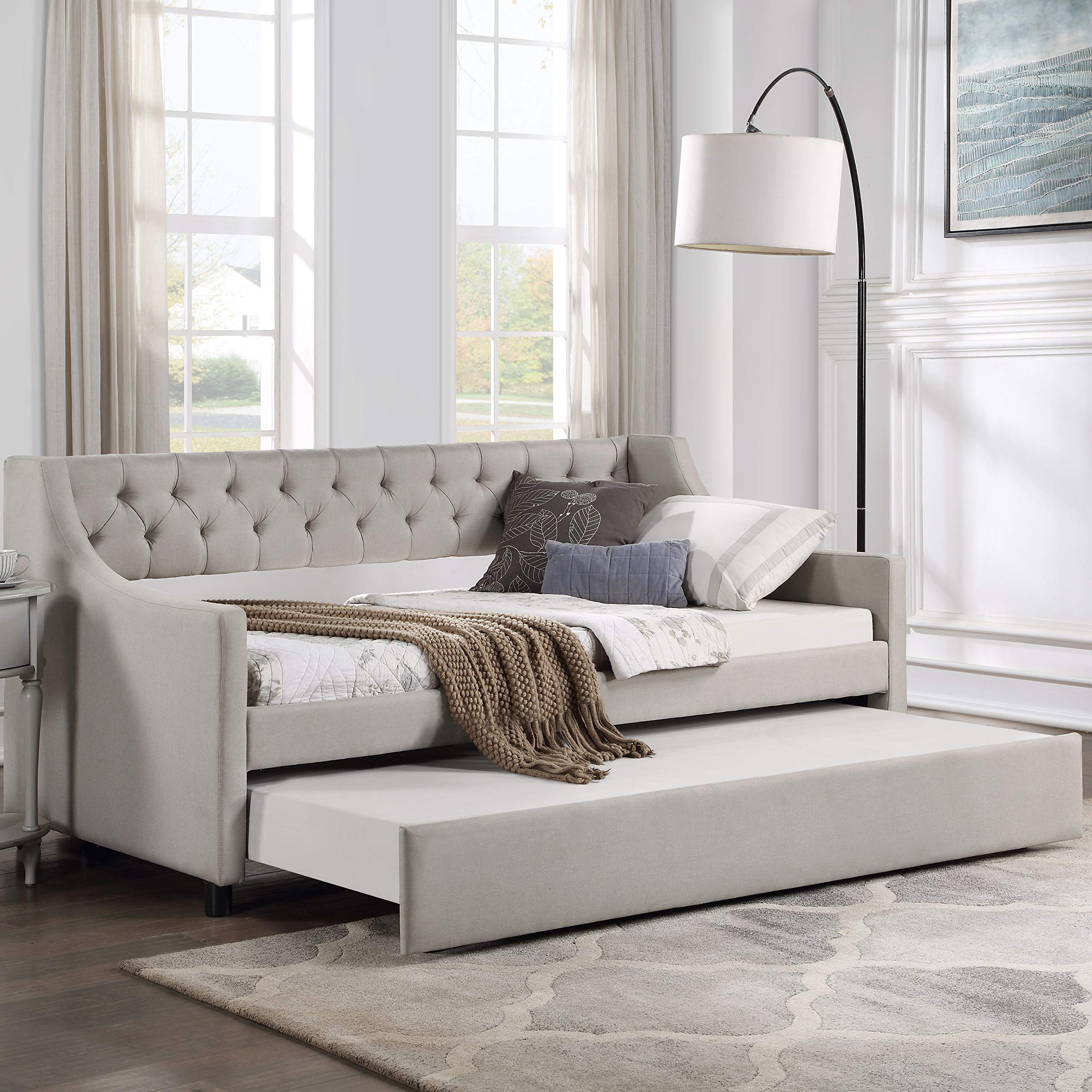 LKYG Twin Size Upholstered Daybed with Trundle - Wood Sofa Bed Frame, Tufted Curved Arm Design & Wood Slat Support | Perfect for Guest Rooms, Small Apartments & Home Offices