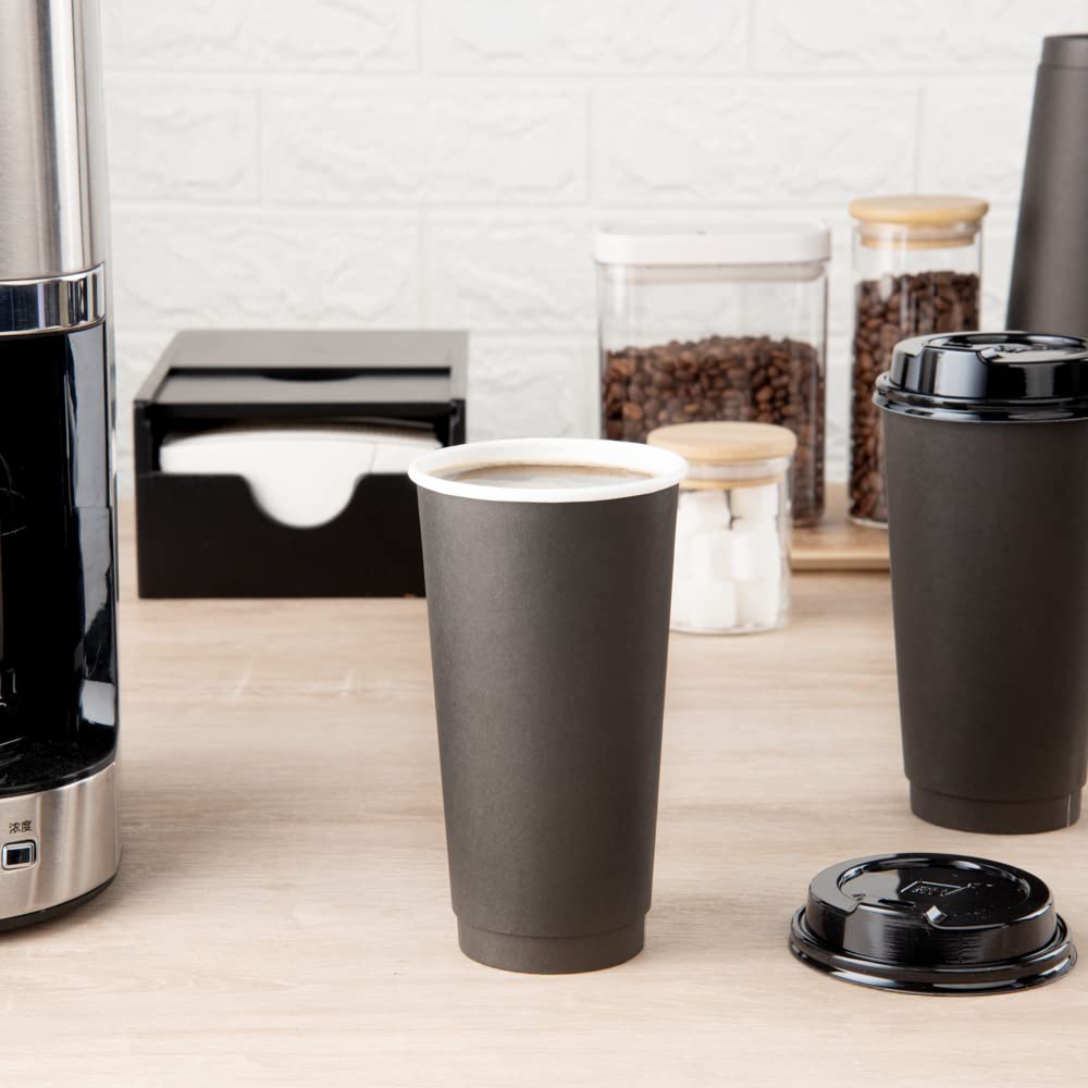 20oz Disposable Coffee Cups - 250 Pack Insulated Double Wall Paper Cups, Leakproof Black Hot Beverage Cups with Rolled Rim for Coffee, Tea, Hot Chocolate - Perfect for Restaurants, Cafes, Office Breakrooms & Catering Events
