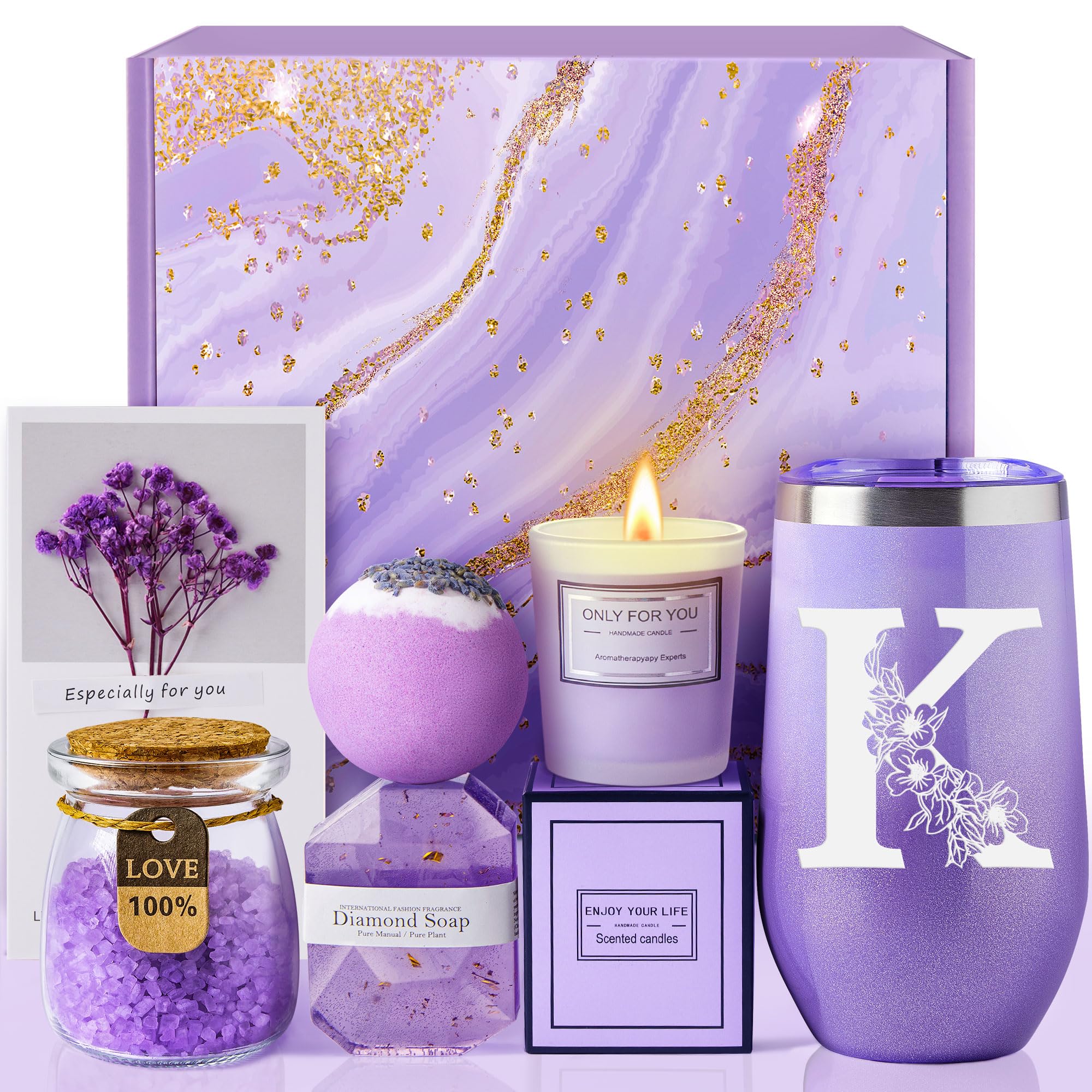Personalized Lavender Spa Gift Basket Set for Women - Unique Birthday, Christmas, Valentine's Day & Mother's Day Gifts for Her - Relaxing Aromatherapy Present for Mom, Wife, Girlfriend, Sister & Friends - Perfect for Self-Care, Stress Relief & Home Spa Days