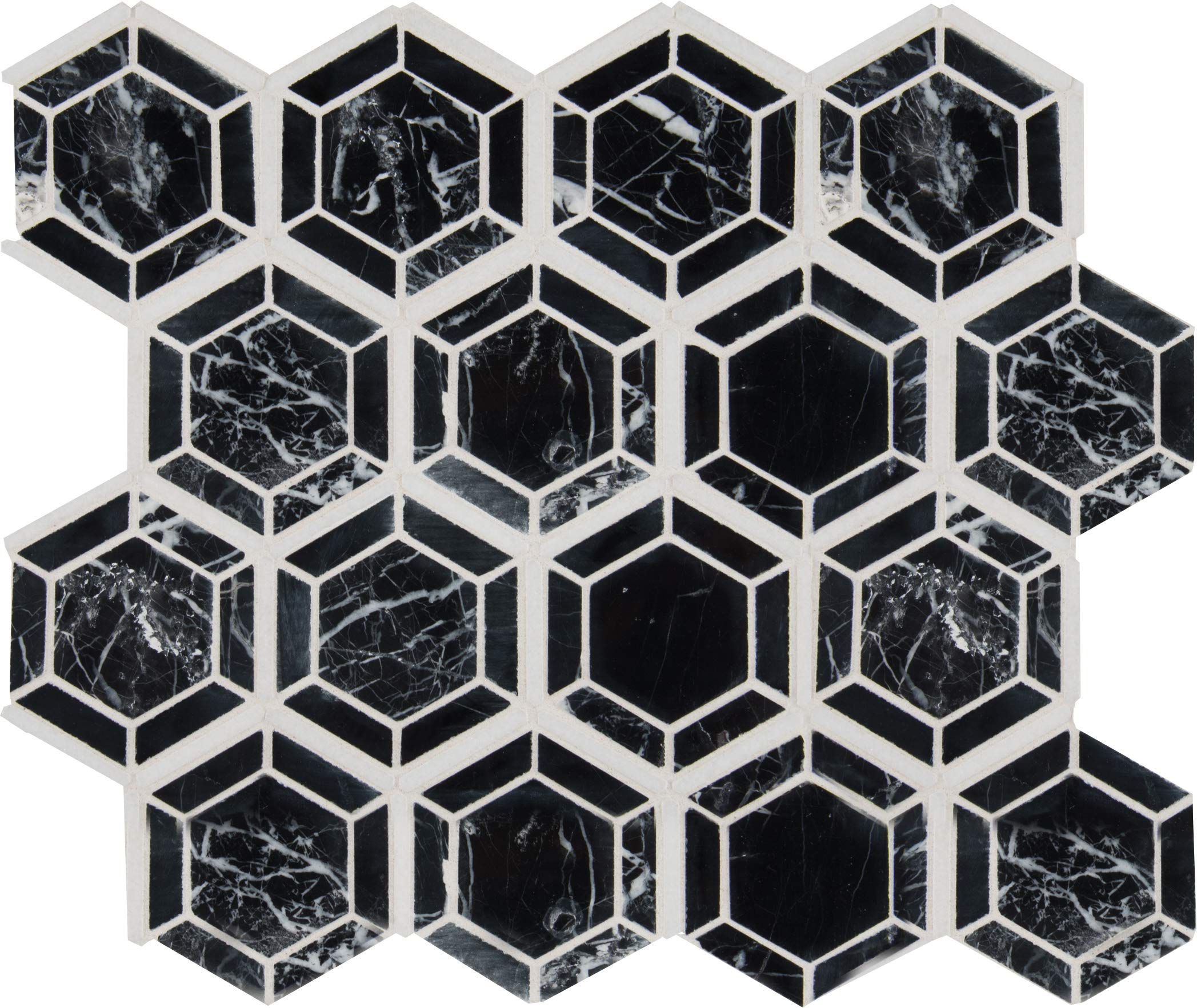 MSI Hexagono Nero 13.25 x 11.5 Inch Geometric Polished Marble Mesh-Mounted Mosaic Wall Tile - Black & White Hexagon Tile for Bathroom, Kitchen Backsplash, Flooring, and Countertops | Perfect for Modern Home Decor and Commercial Spaces