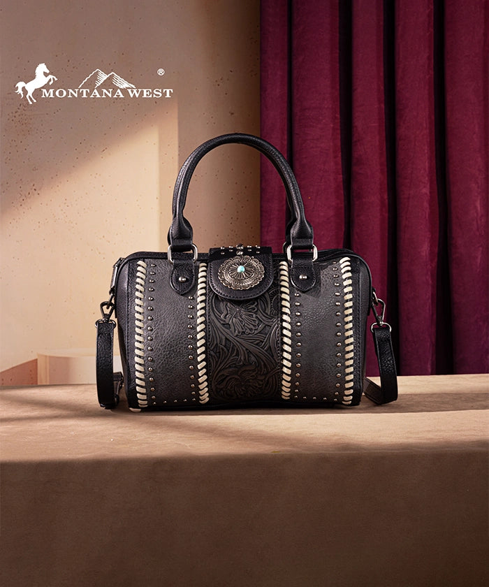 Montana West Genuine Leather Tooled Concho Barrel Satchel Bag for Women - Western Style Crossbody Purse for Cowgirl Fashion & Everyday Use