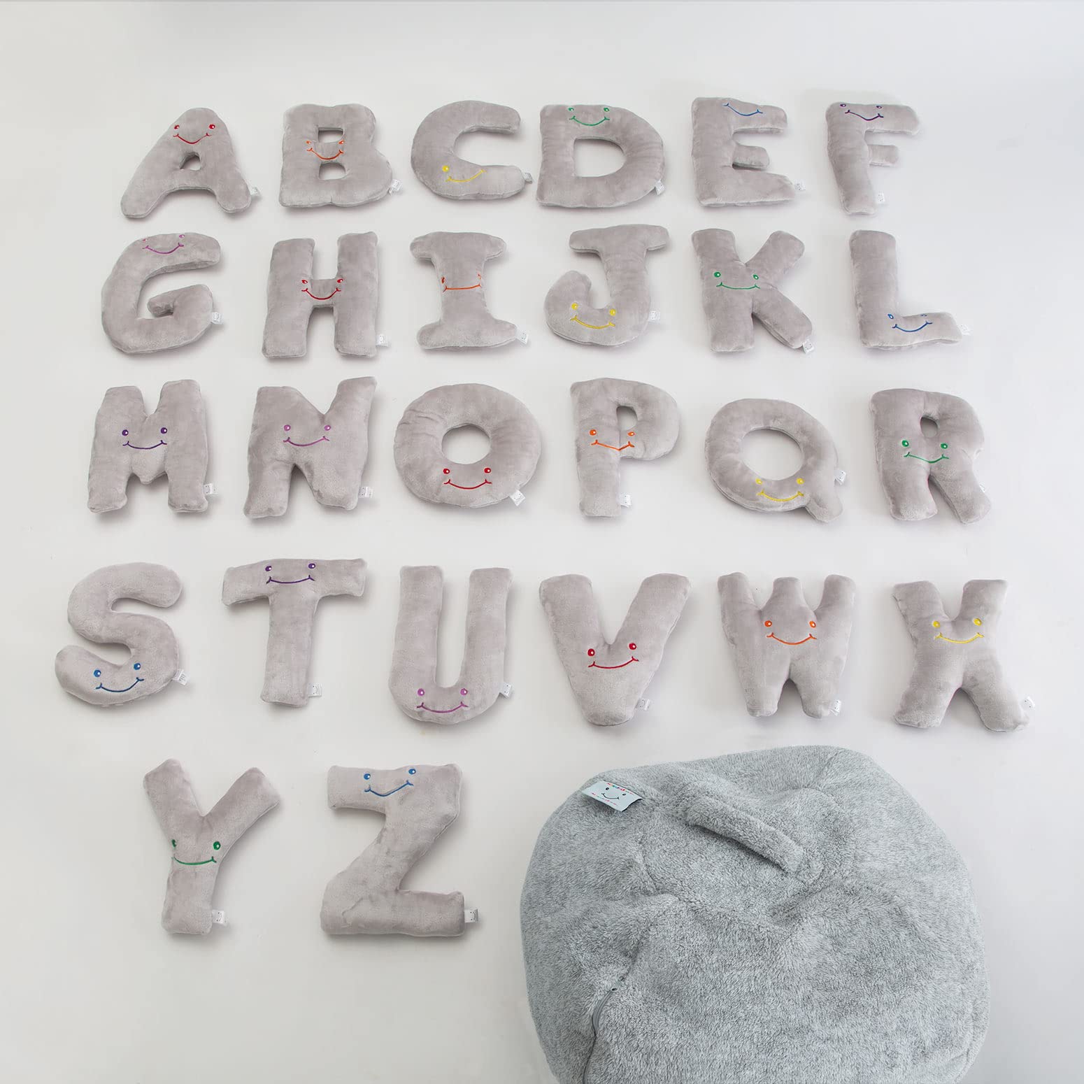 Educational Alphabet Plush Toys - 26 Piece Dove Grey ABC Letters Set with Storage Bag, Large 11