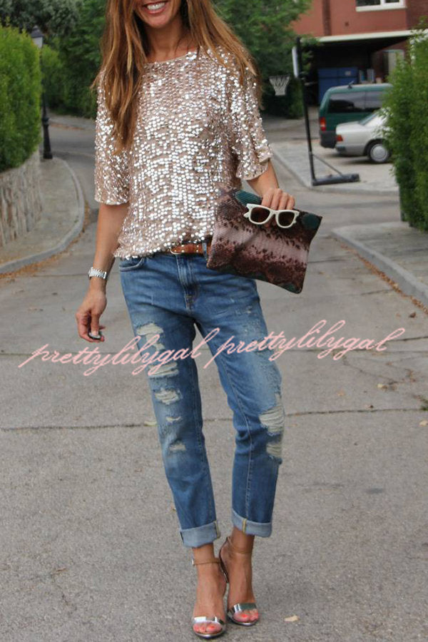 Such A Beauty Sequin Loose T-Shirt for Women | Glitter Party Top | Casual & Night Out Blouse | Perfect for Club, Concert, and Special Occasions