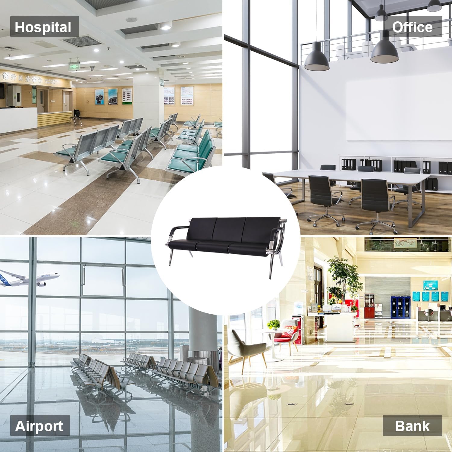 Kinsuite 3-Seat Office Reception Waiting Room Sofa - Black PU Leather Guest Chairs for Salon, Barber Shop, Airport, Bank Lobby & Visitor Areas - Perfect for Professional Waiting Rooms & Reception Areas