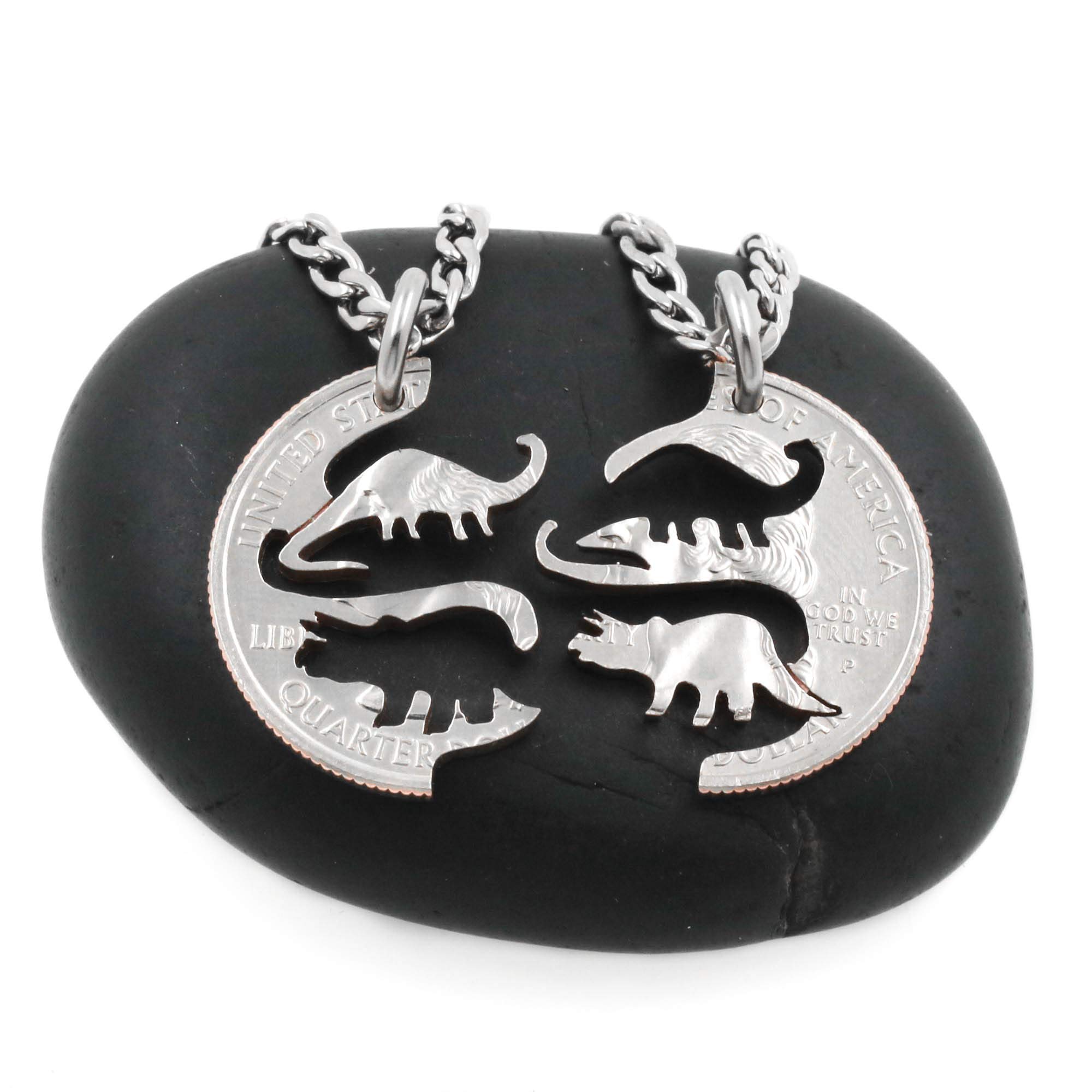 Triceratops and Brontosaurus Dinosaur Necklace Set - Best Friend Gift, Hand-Cut Coin Pendant Jewelry for Women & Men | Perfect for Birthday, Anniversary, Valentine's Day Gifts