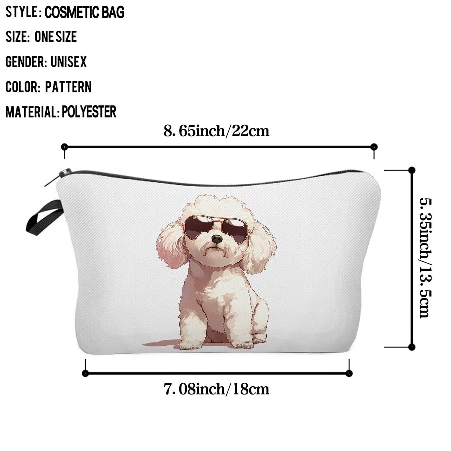 Funny Bichon Frise Makeup Bag - Small Organizer Toiletry Pouch with Zipper - Cute Cartoon Sunglasses Design - Perfect Cosmetic Bag Gift for Bichon Lovers & Dog Moms - Great for Travel, Gym & Daily Makeup Storage