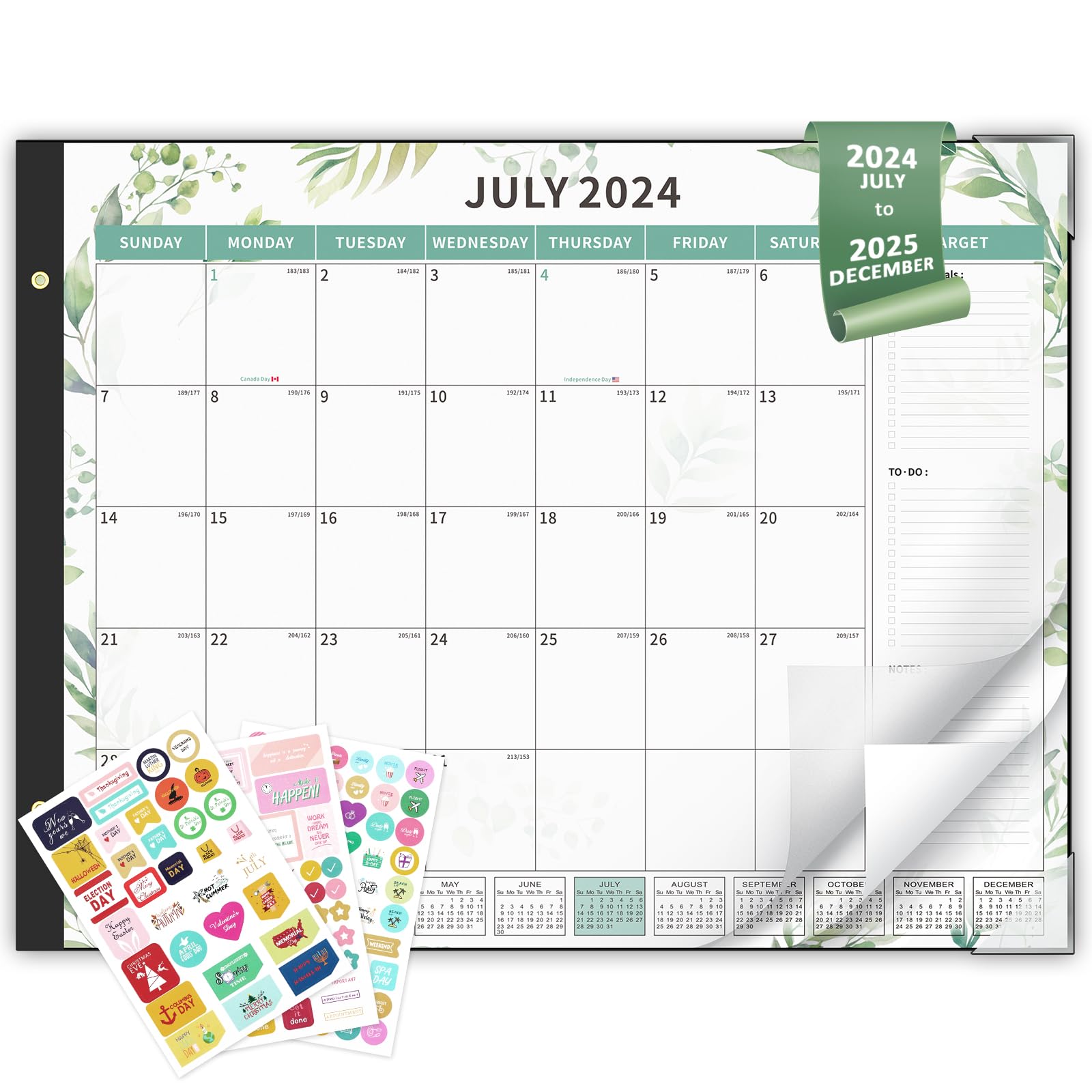 Ospelelf 2024-2025 Large 22x17 Inch Monthly Desk Calendar Planner with Plastic Cover - 18 Month Green Floral Design for Office, Home & School Organization