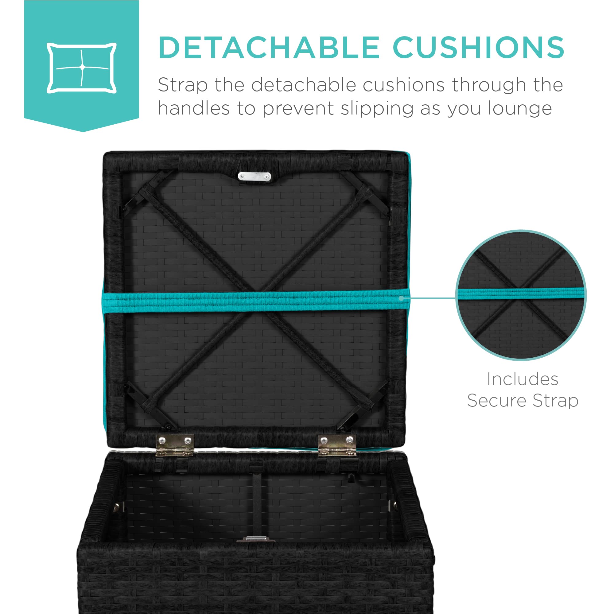 Best Choice Products Set of 2 Wicker Ottomans with Storage - Multipurpose Outdoor Furniture for Patio, Backyard, Garden | Extra Seating, Footrest, Side Table | Removable Cushions, Black/Teal | Perfect for Lounging, Entertaining & Small Space Storage