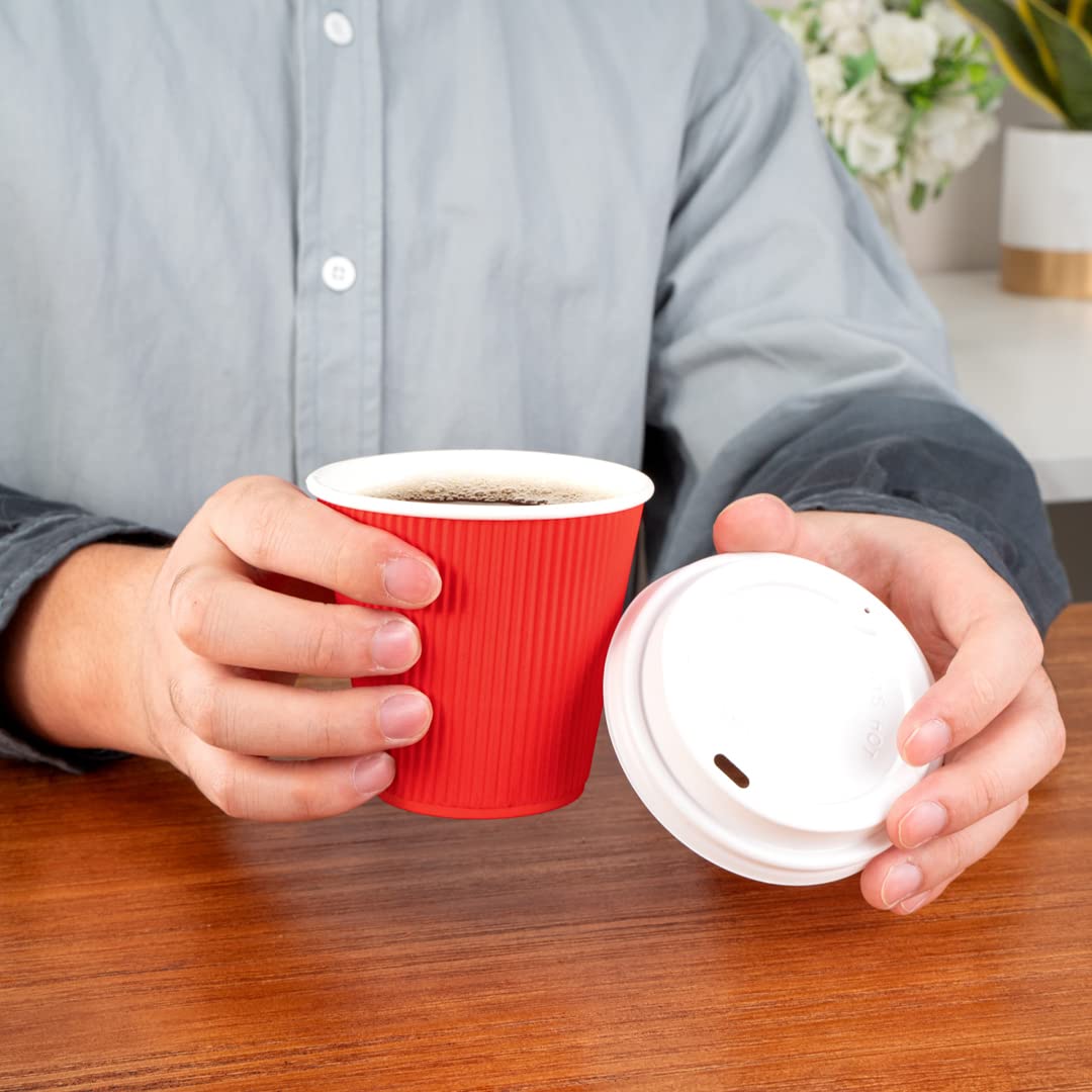 Restaurantware 8oz Insulated Coffee Cups with Lids - 400 Pack Leakproof Ripple Wall Hot Cups | Disposable Red Paper Coffee Cups for Tea, Hot Cocoa & Lattes | Perfect for Cafes, Offices & Catering Events