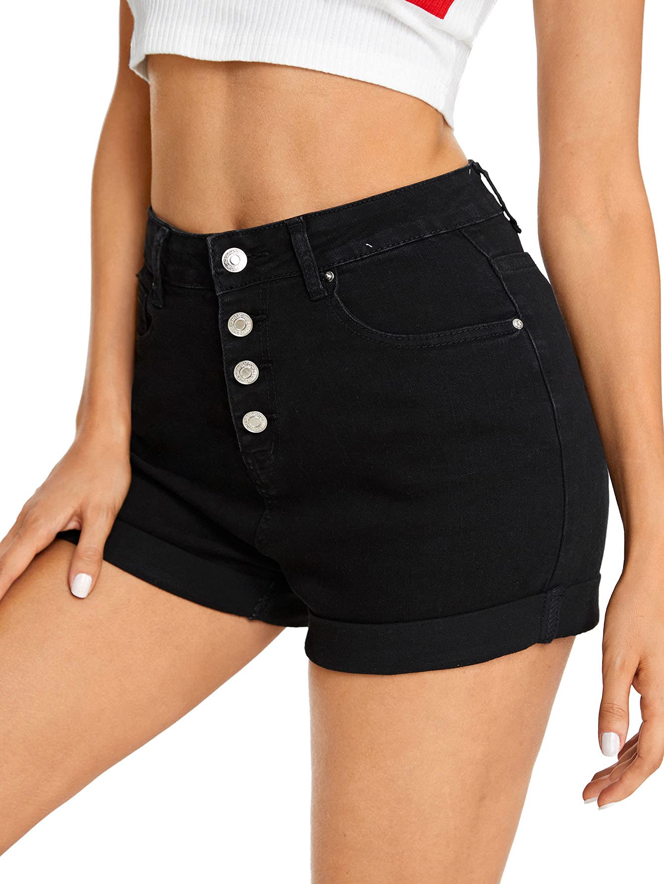 SweatyRocks Women's High Rise Button Fly Denim Shorts - Stretch Comfort Fit Distressed Pocket Jean Shorts for Summer Casual Outfits & Beach Vacations