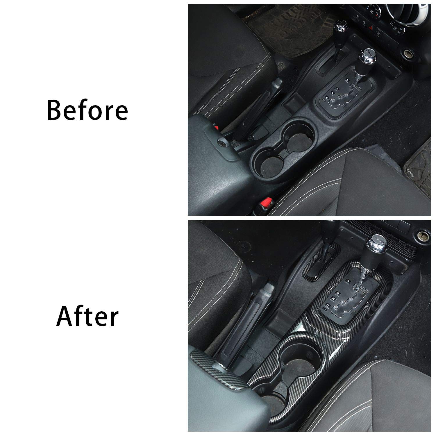Jeep JK Center Console Armrest Cup Holder & Gear Shift Trim - ABS Carbon Fiber 3pcs Set for 2011-2018 Jeep Wrangler JK/JKU | Interior Upgrade Accessories for Comfort & Organization