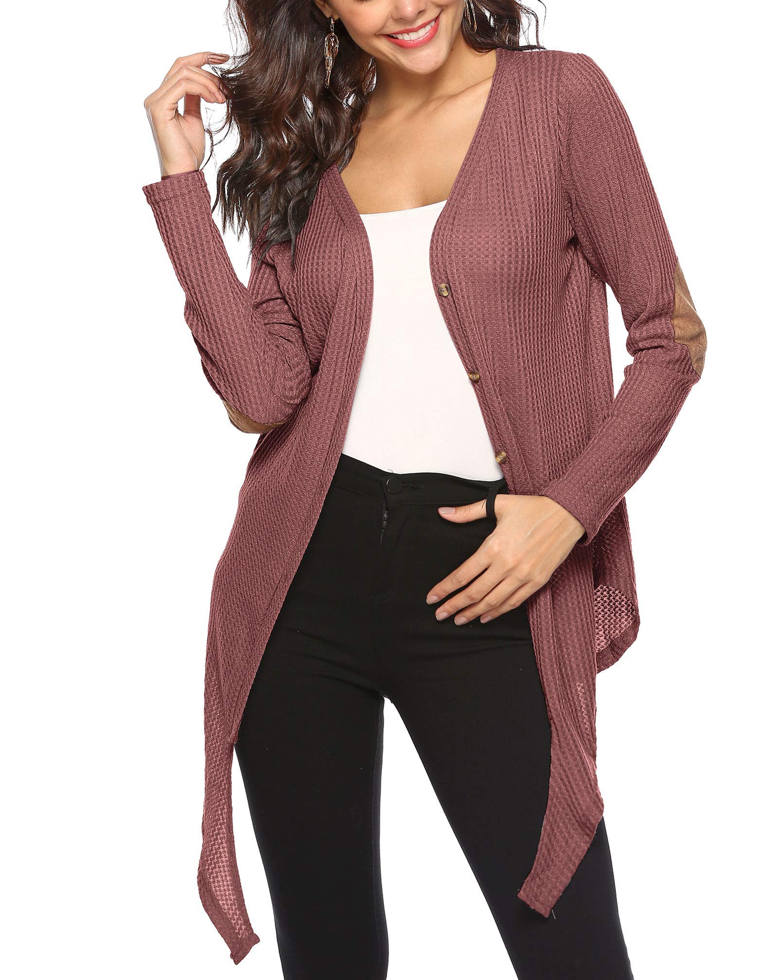 Omoone Women's Casual Hi-Low Tie Knot Waffle Knit Henley Tunic Blouse - Loose Fit Long Sleeve Top for Work, Date Night & Fall Layering
