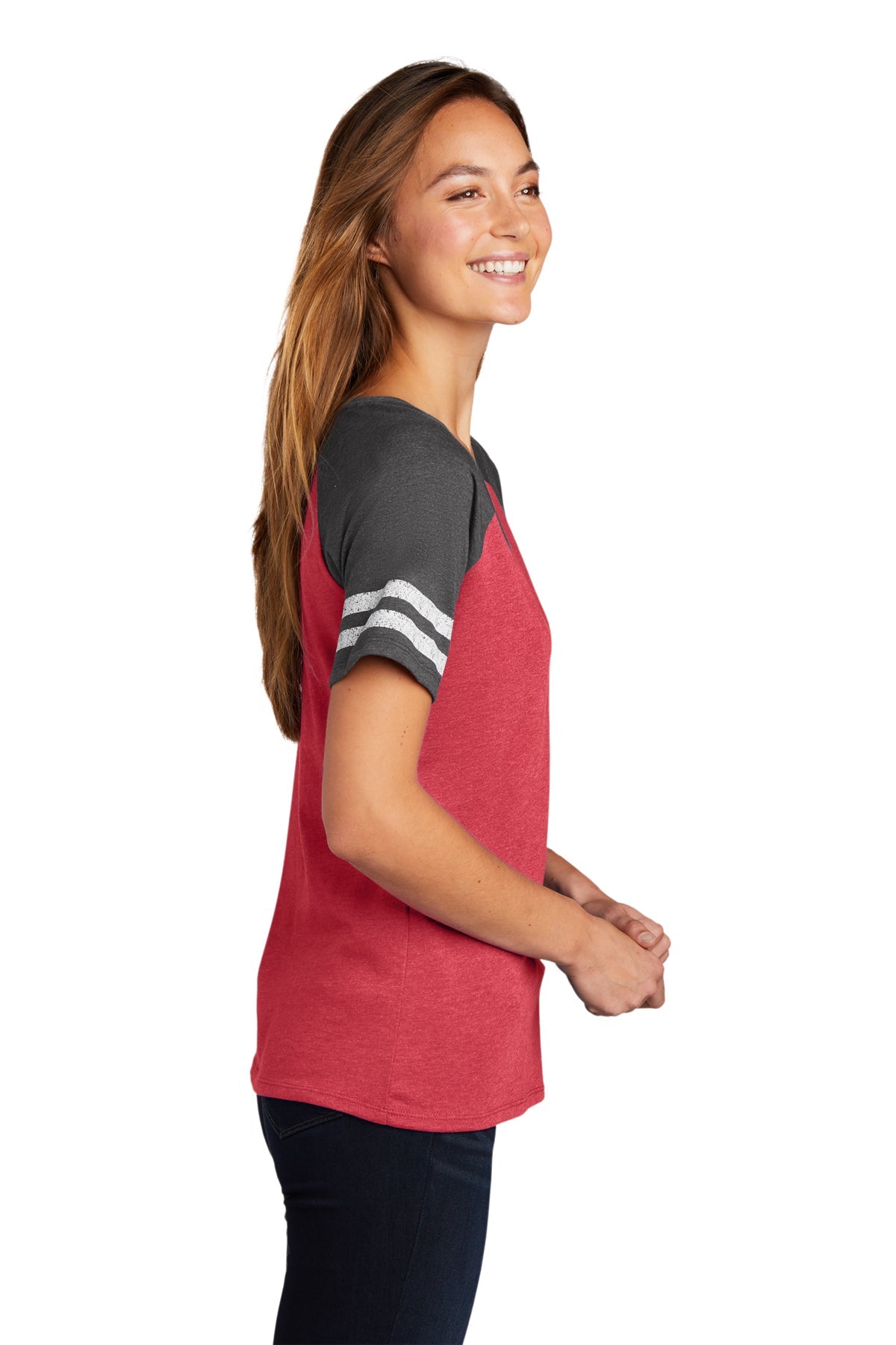 District Made Women's Game V-Neck T-Shirt - Heathered Red & Charcoal - Casual Wear for Sports, Outings & Everyday Comfort