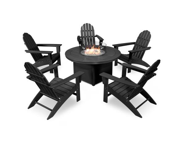Polywood Black Vineyard Adirondack 6-Piece Outdoor Patio Chat Set with Fire Pit Table - Perfect for Backyard, Garden & Poolside Relaxation
