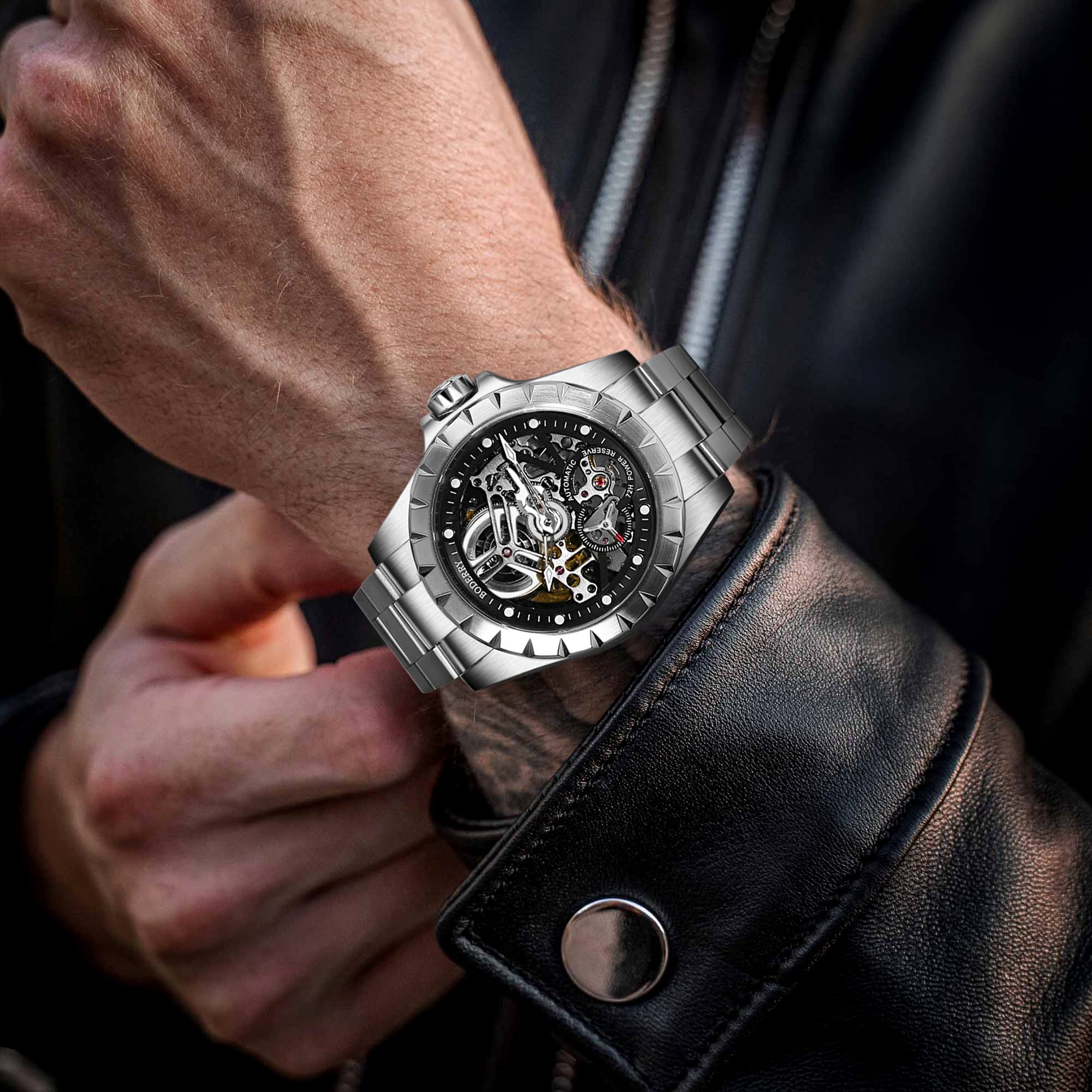 BODERRY Men's Skeleton Watch Titanium Automatic Mechanical Watch with 72H Power Reserve, 5ATM Waterproof, Luminous Hands, Sapphire Crystal & Leather Strap - Steampunk Style Gift for Urban Professionals | Perfect for Business, Formal Events & Everyday Wear