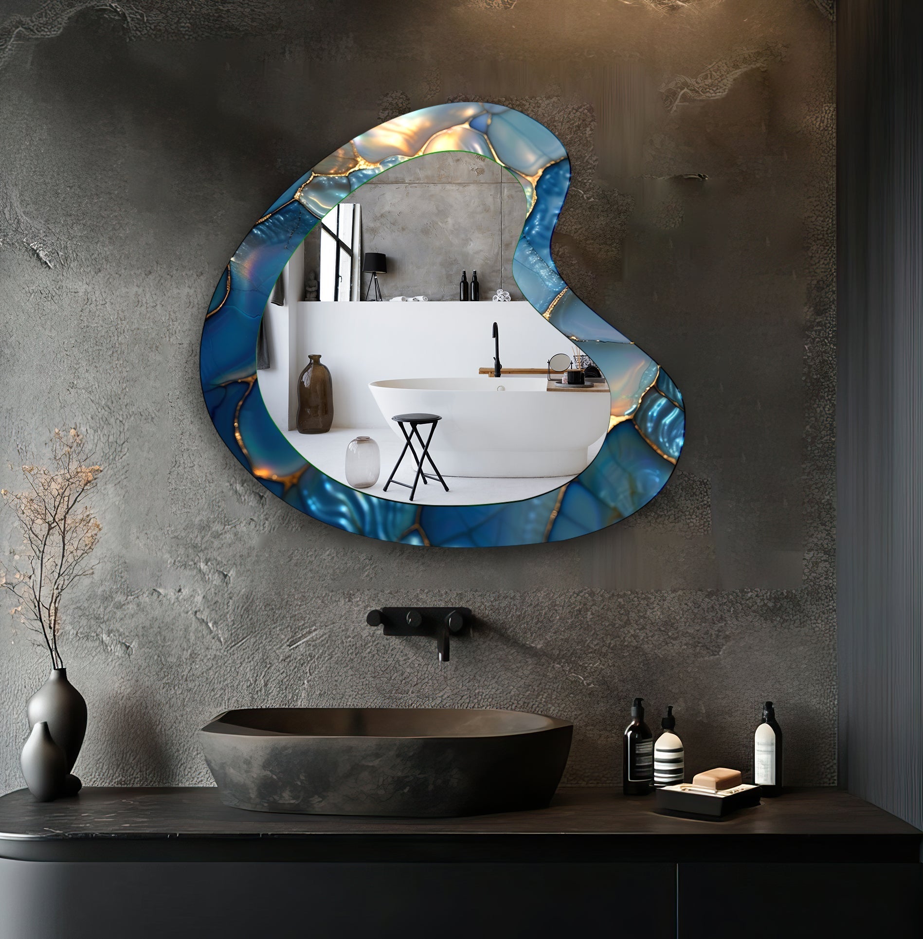 Blue Abstract Irregular Glass Wall Mirror - Modern Decorative Mirror for Living Room, Bedroom & Entryway - Unique Home Decor Accent Piece